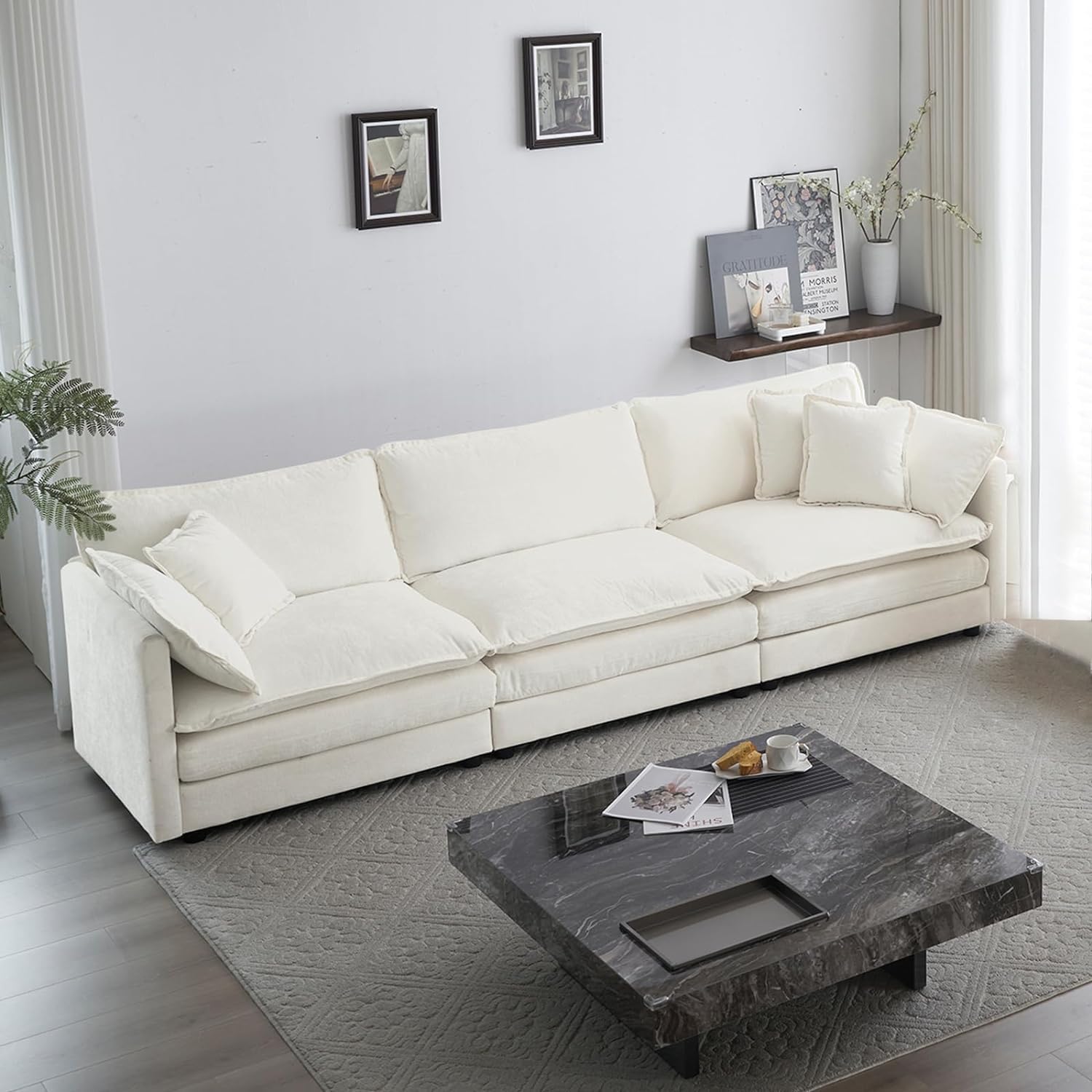 Tmsan 111.5" Oversized Deep Seat Sectional Sofa, Beige Modern Chenille Cloud Couch, Large 3 Seater Modular Sofa with 5 Pillows for Living Room Bedroom