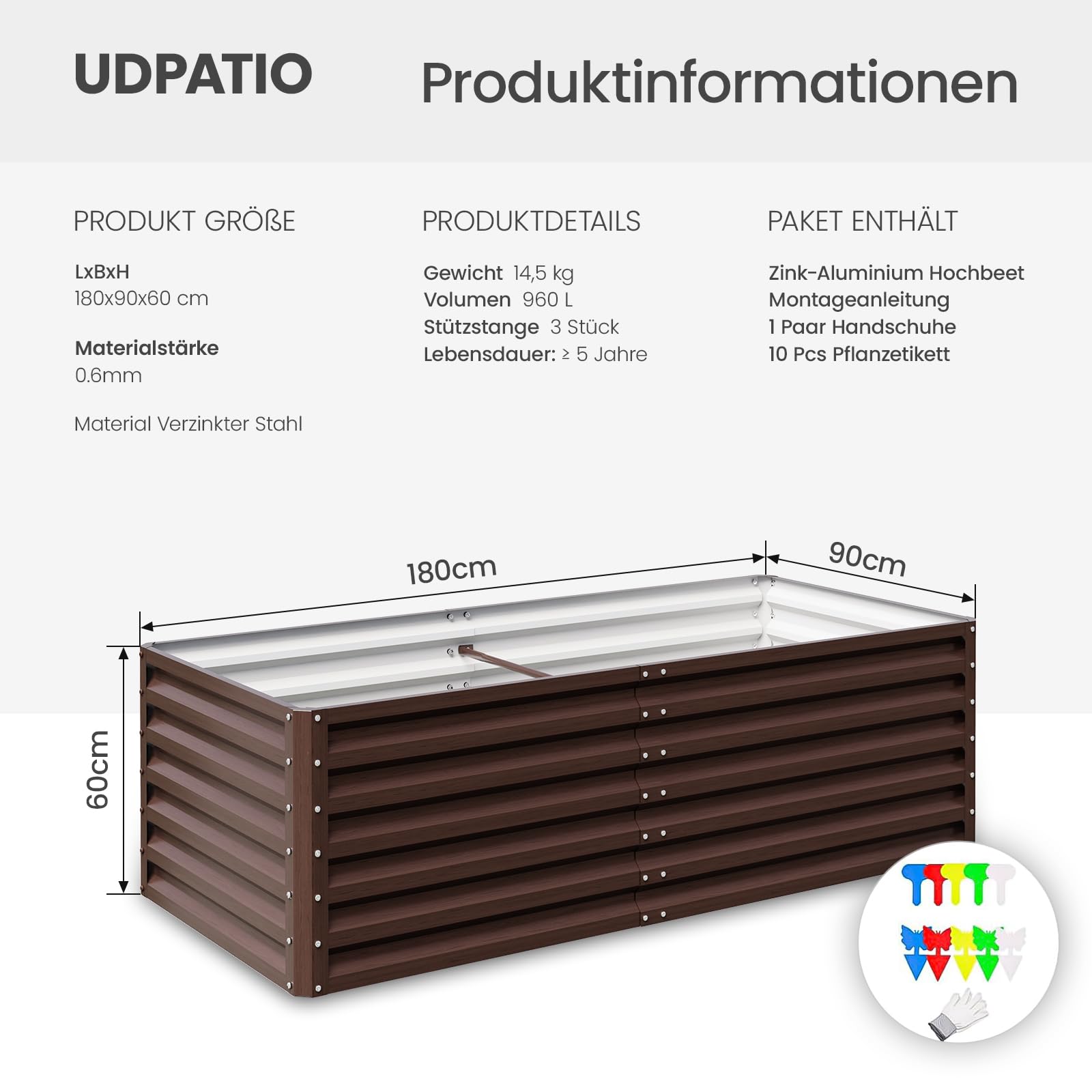 UDPATIO Podwyższona grządka z metalu, 180 x 60 x 90 cm, zestaw 2 szt., cynkowo-aluminium, wolnostojąca podwyższona grządka do ogrodu i na balkon, 970 l, skrzynka na rośliny do ogrodu, do uprawy warzyw