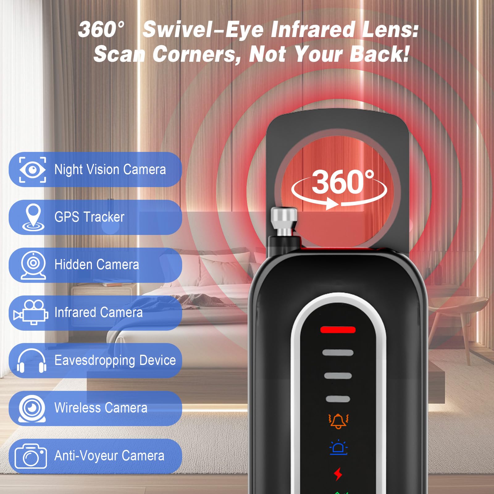 Rilevatore Microspie, Detector Telecamere Nascoste, Rilevatore di Cimici e microspie con 4 Livelli di Sensibilità per Casa, Hotel, Viaggi