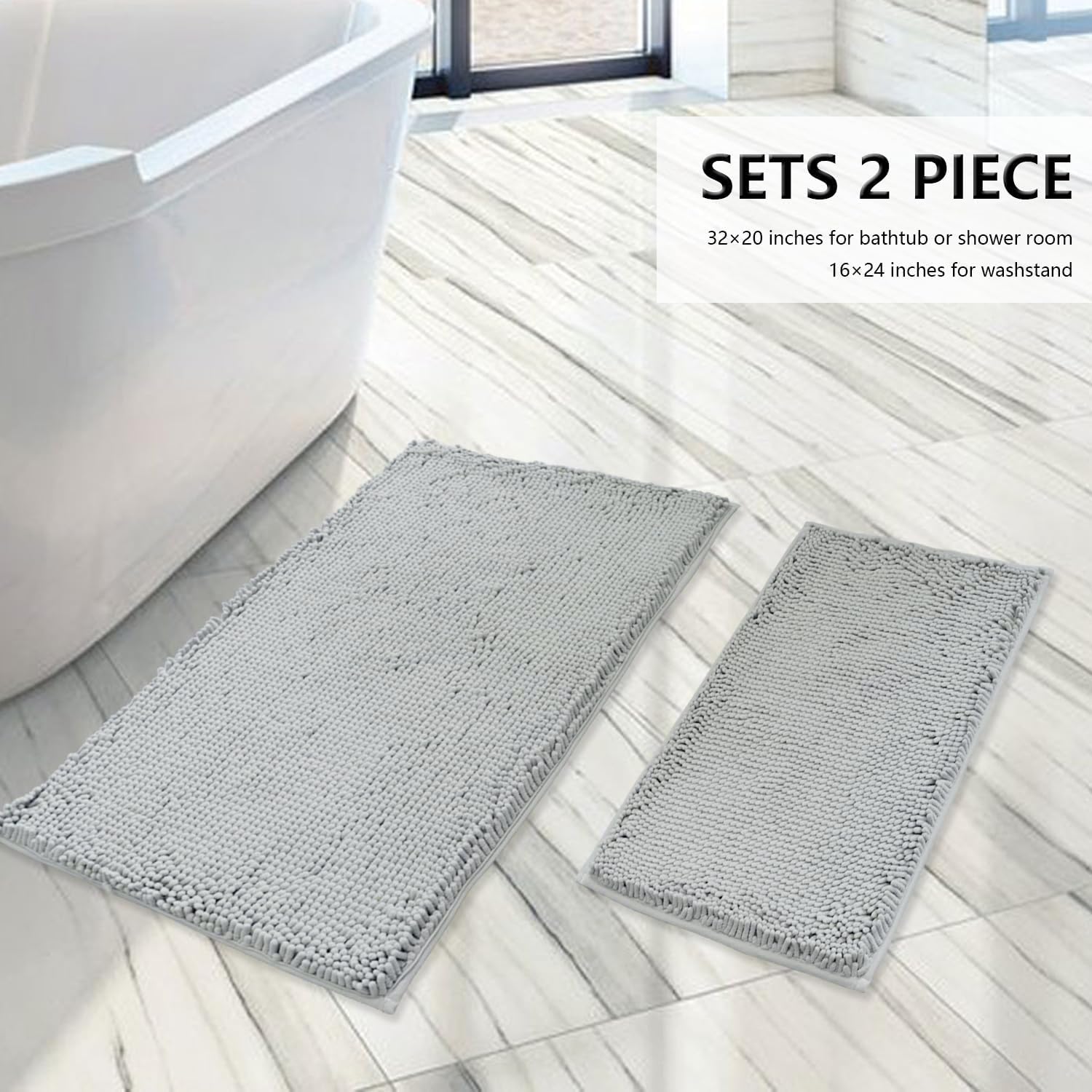 Juego de 2 alfombras de baño de felpilla extra suaves y absorbentes, lavables a máquina, parte inferior antideslizante de PVC fuerte, juego de alfombras de baño de felpa, 2 piezas (gris claro)