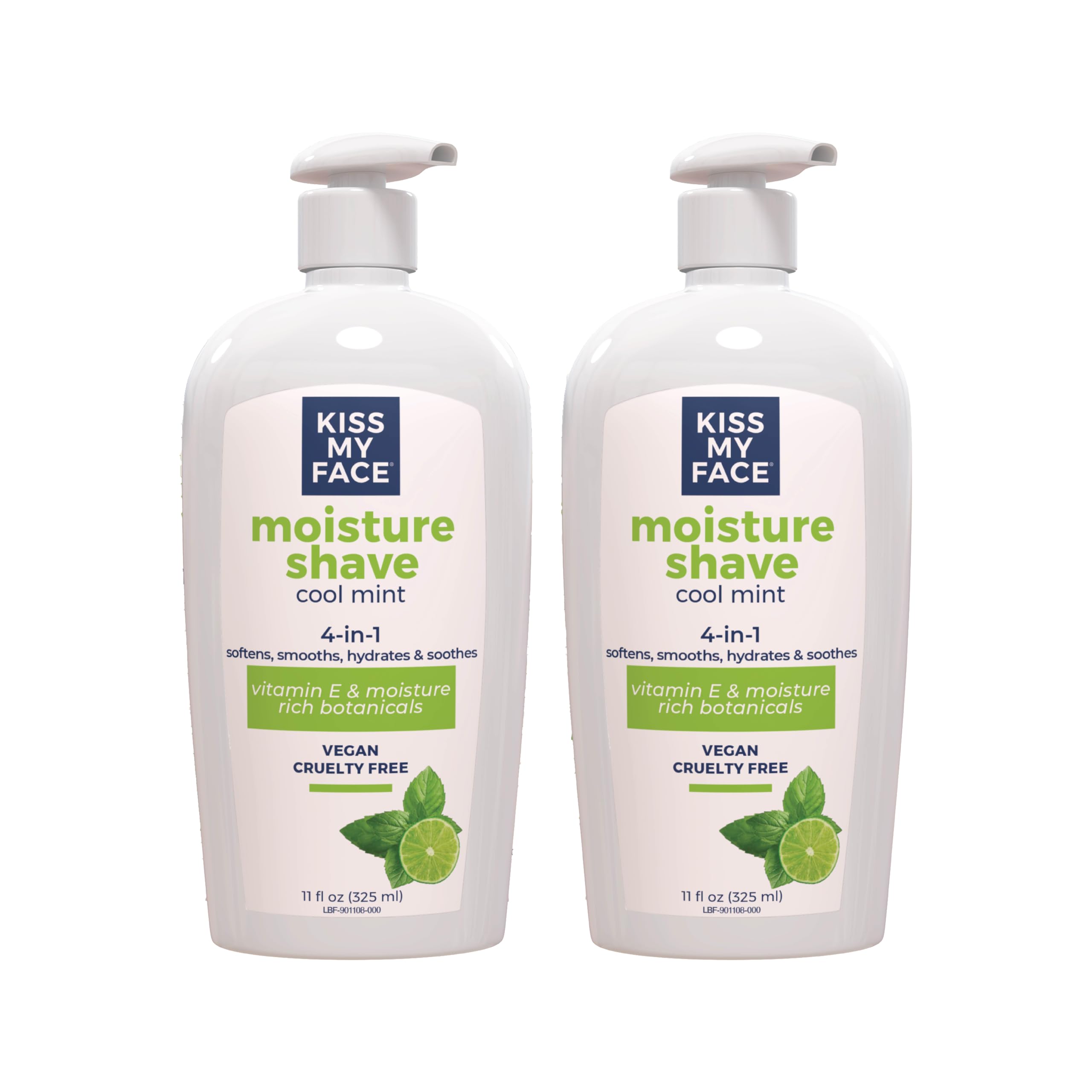 Kiss My Face Cool Mint Moisture Shave, 4 In 1 Shaving Cream, Cruelty Free And Vegan, With Added Olive Oil And Aloe Leaf Extract, Vitamin E Rich, 2- Pack, 11 fl Oz Pump Bottle