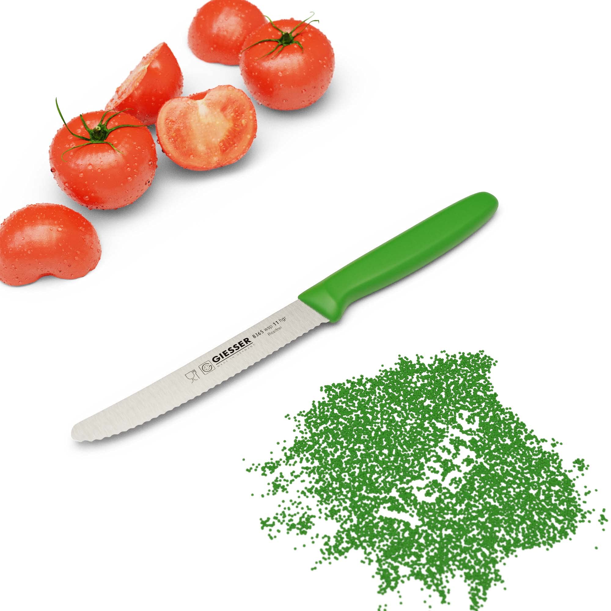 Giesser since 1776 - Made in Germany - Coltello per pomodori, 11 cm, Veggie, coltello multiuso, verde, antiscivolo, piccolo coltello da cucina inossidabile, coltello affilato per una cucina sana