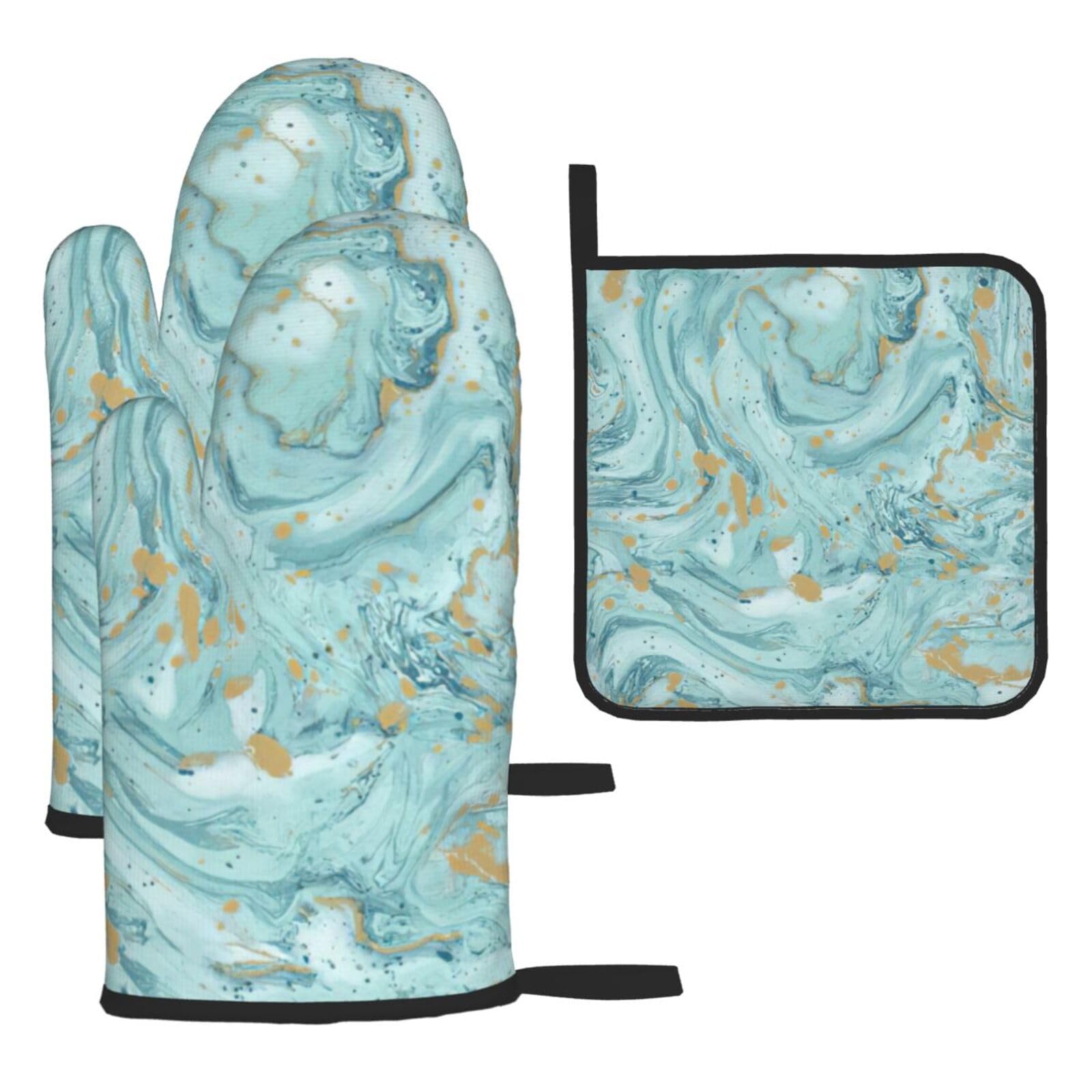 Azurite Teal And Foil Gold Oil Marble Pattern Print Oven Kitchen Gloves For Baking Outdoor Grilling Home Use Mitts Microwaving Bbq