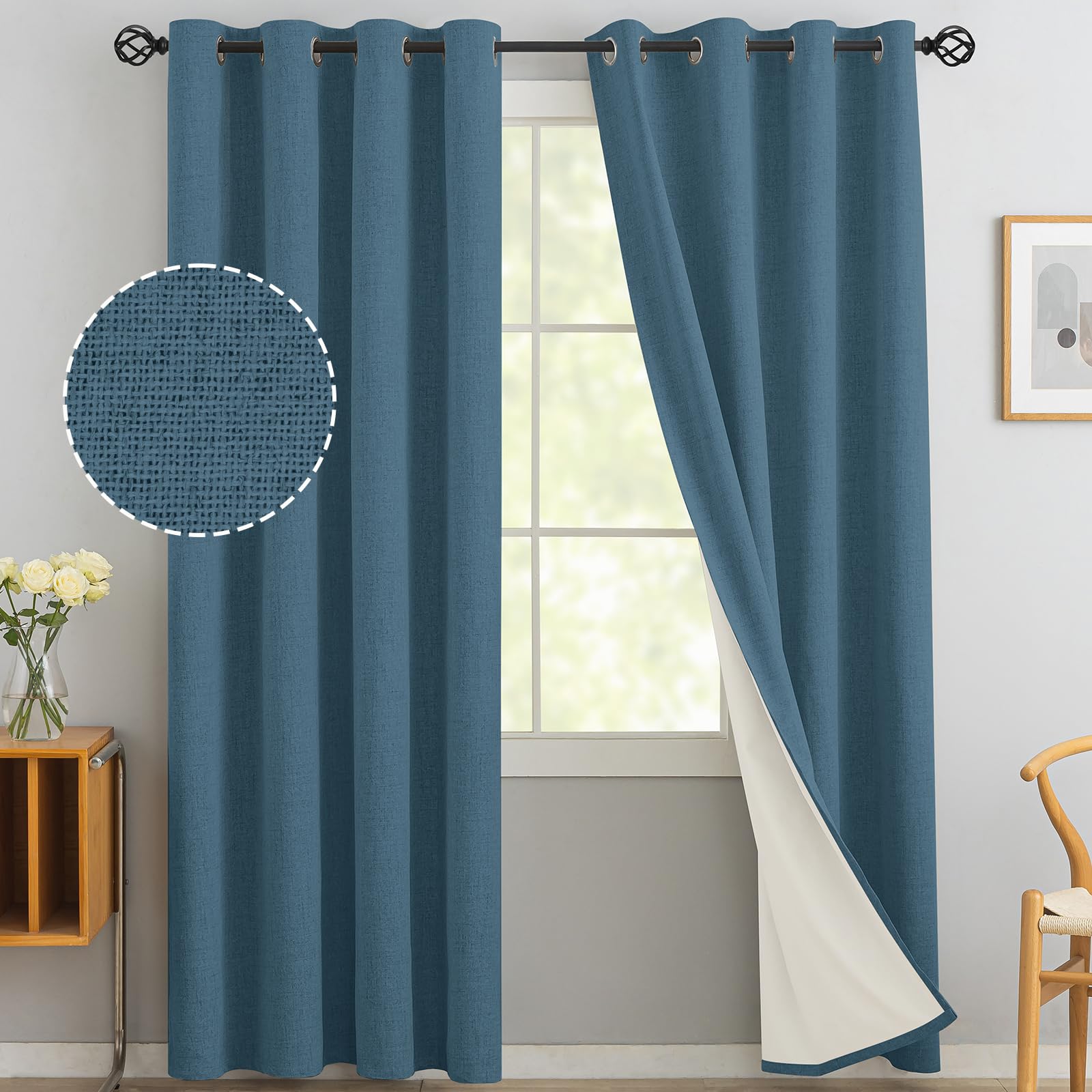 Yakamok Dusty Blue Linen Curtains 100% Blackout 96 Inches Long,Room Darkening Textured Drapes for Living Room Thermal Grommet Bedroom Curtains 2