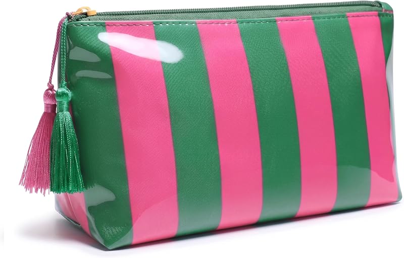 Necessaire Fozira em PVC com Zíper, Listrada, RoseRed+Green Striped (K), 1 unidade