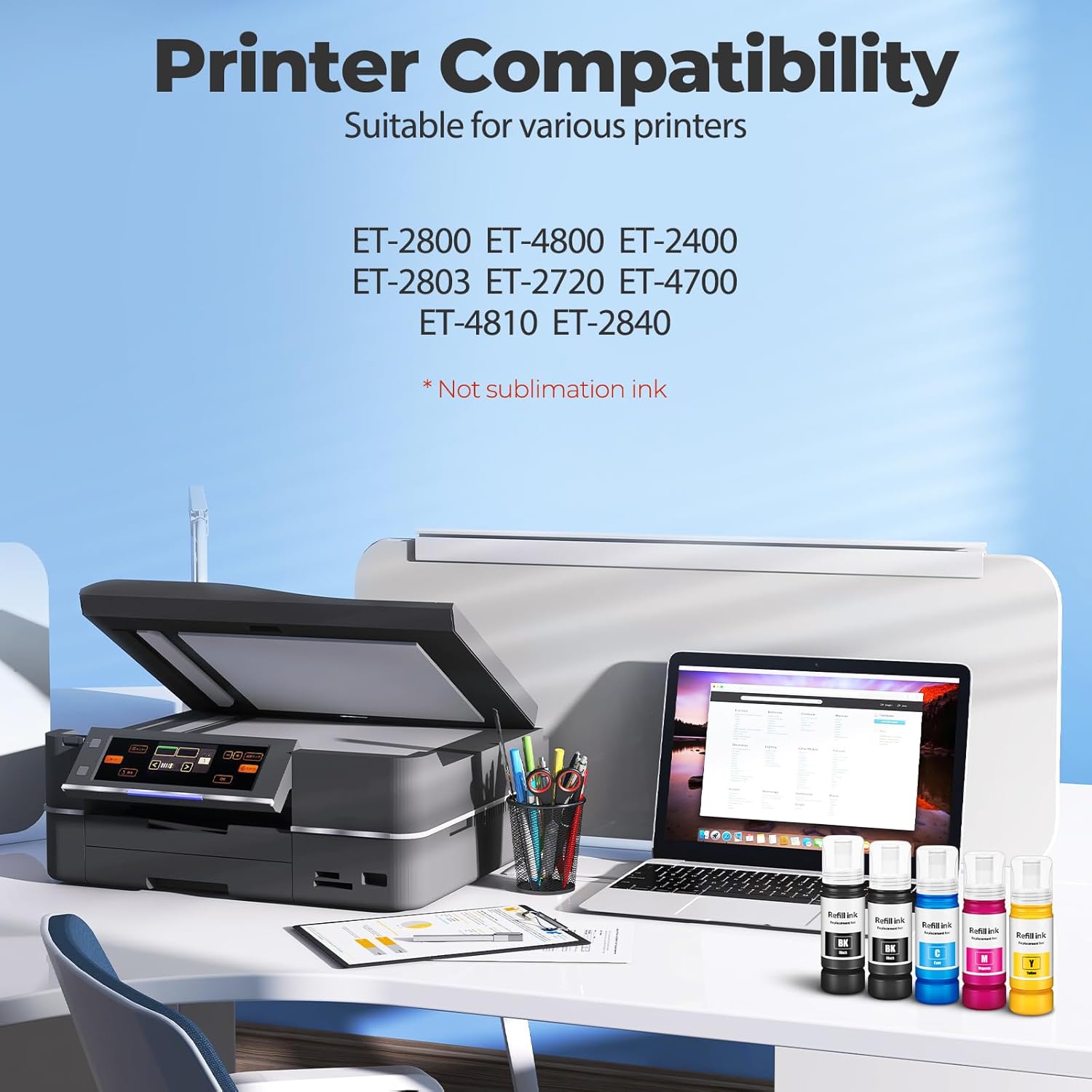 Compatible for EPT522 Ink Refill Bottles ET-2800 ET-4800 ET-2400 ET-2803 Ink Refill Bottles Work for 2800 ET 2800 ET 4800 ET 2400 ET2800 ET4800 ET2400 ET2803 ET-2720 ET-4700 ET-4810 ET-2840 Printer