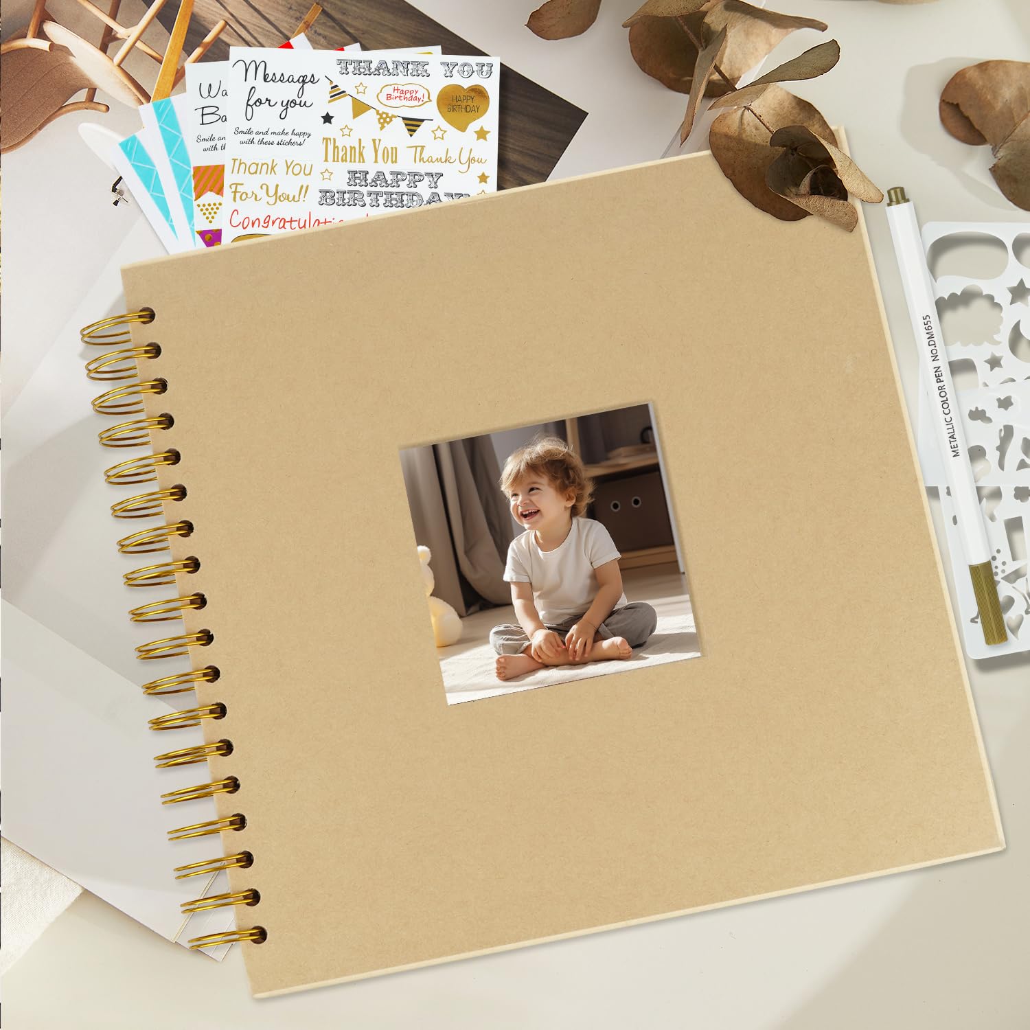 Miaikoe 20.5x20.5 cm DIY Scrapbook Album with Window Hardcover Kraft Blank Paper Scrap Book with 20 Sheets Photo Album for Guest Book Family Wedding Anniversary (Brown) - Image 2