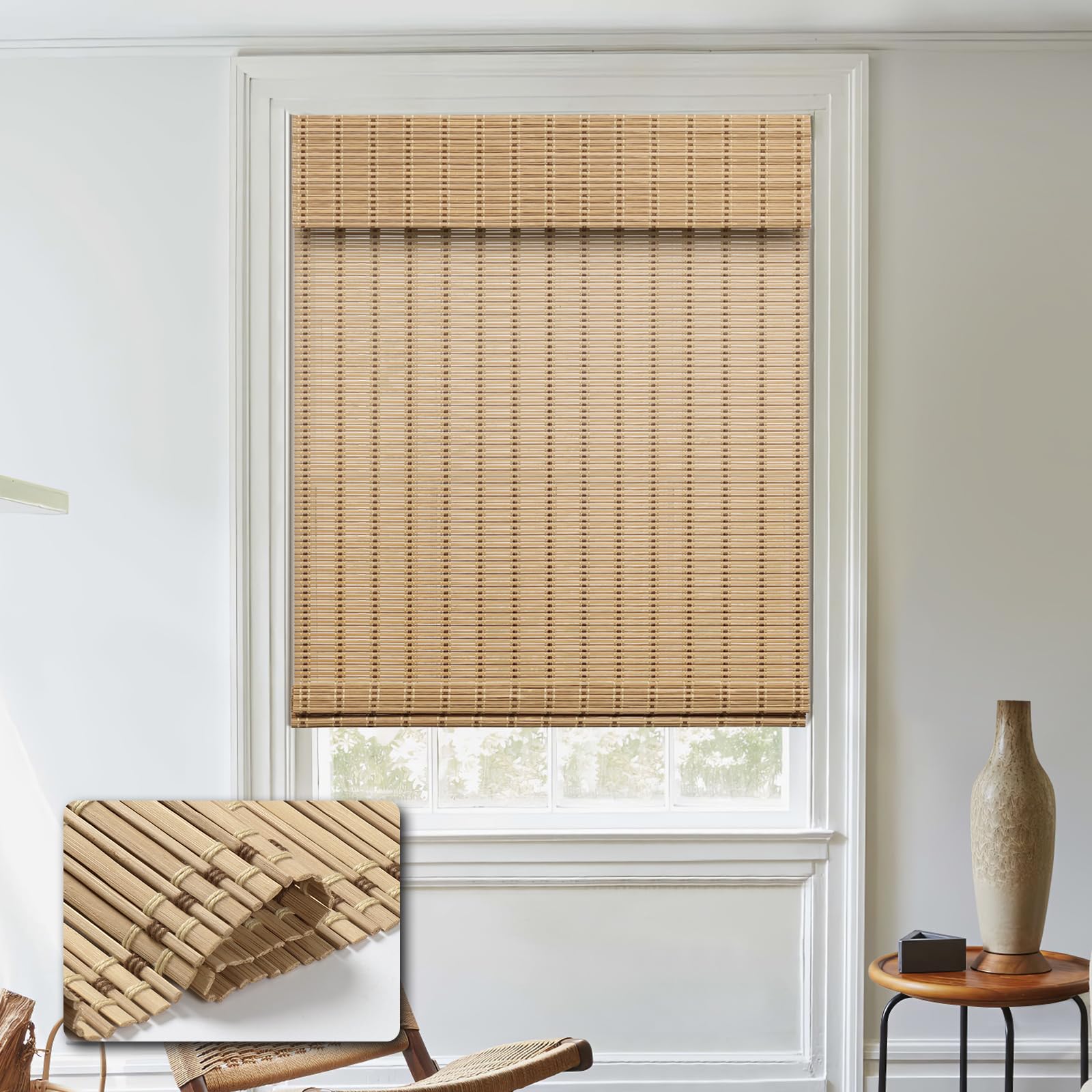 HIDODO Cordless Bamboo Roman Shades, Light Filtering Bamboo Blinds Shades for Indoor Windows, UV Protection Roll Up Blinds for Home, Office, 30" W x