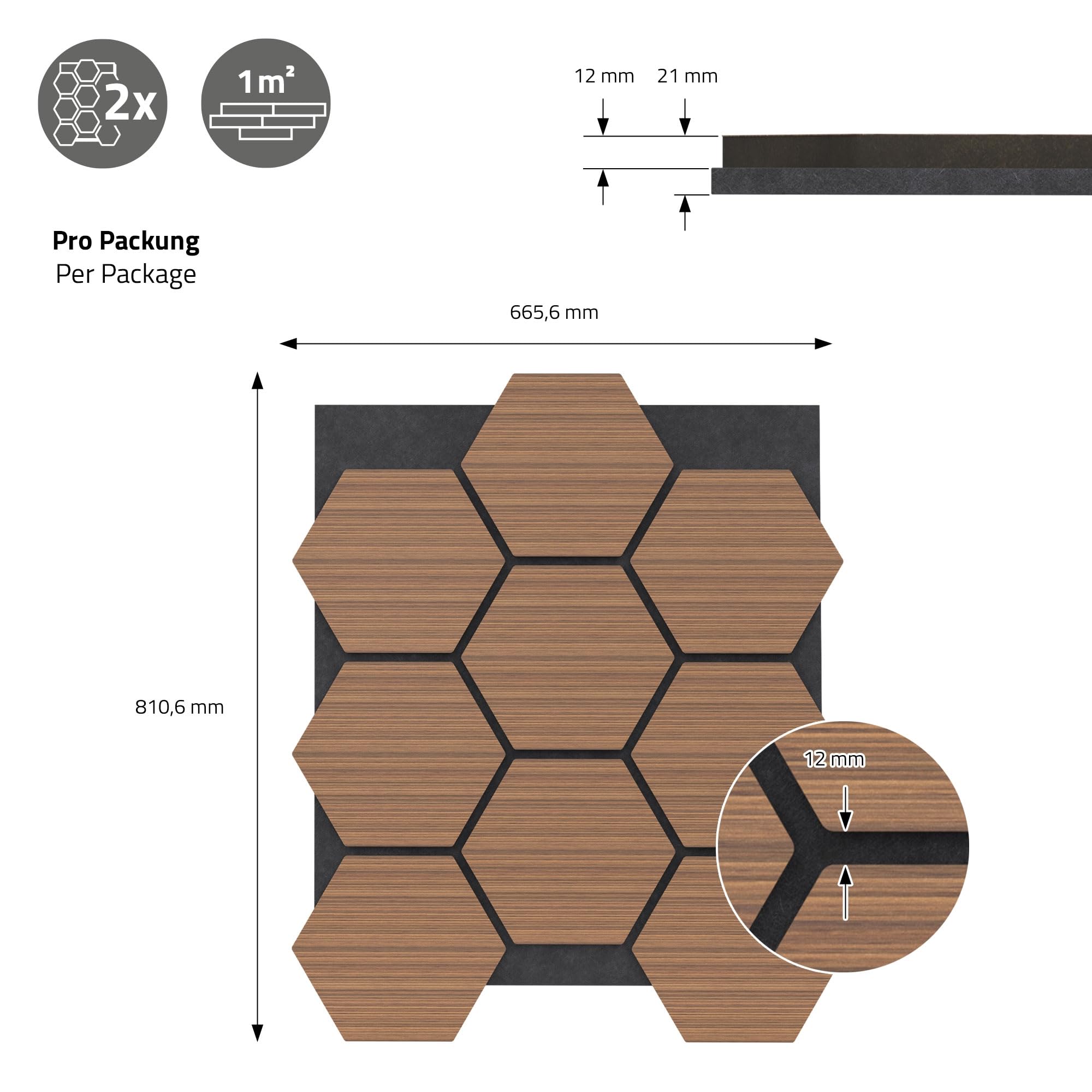 ML-Design Set di 2 Pannelli Acustici 66x81x2 cm per 1 m² Teak Pannelli Murali Fonoassorbenti in MDF con Effetto Legno Esagonale Rivestimento da Parete per Isolamento Acustico per Ufficio e Studio