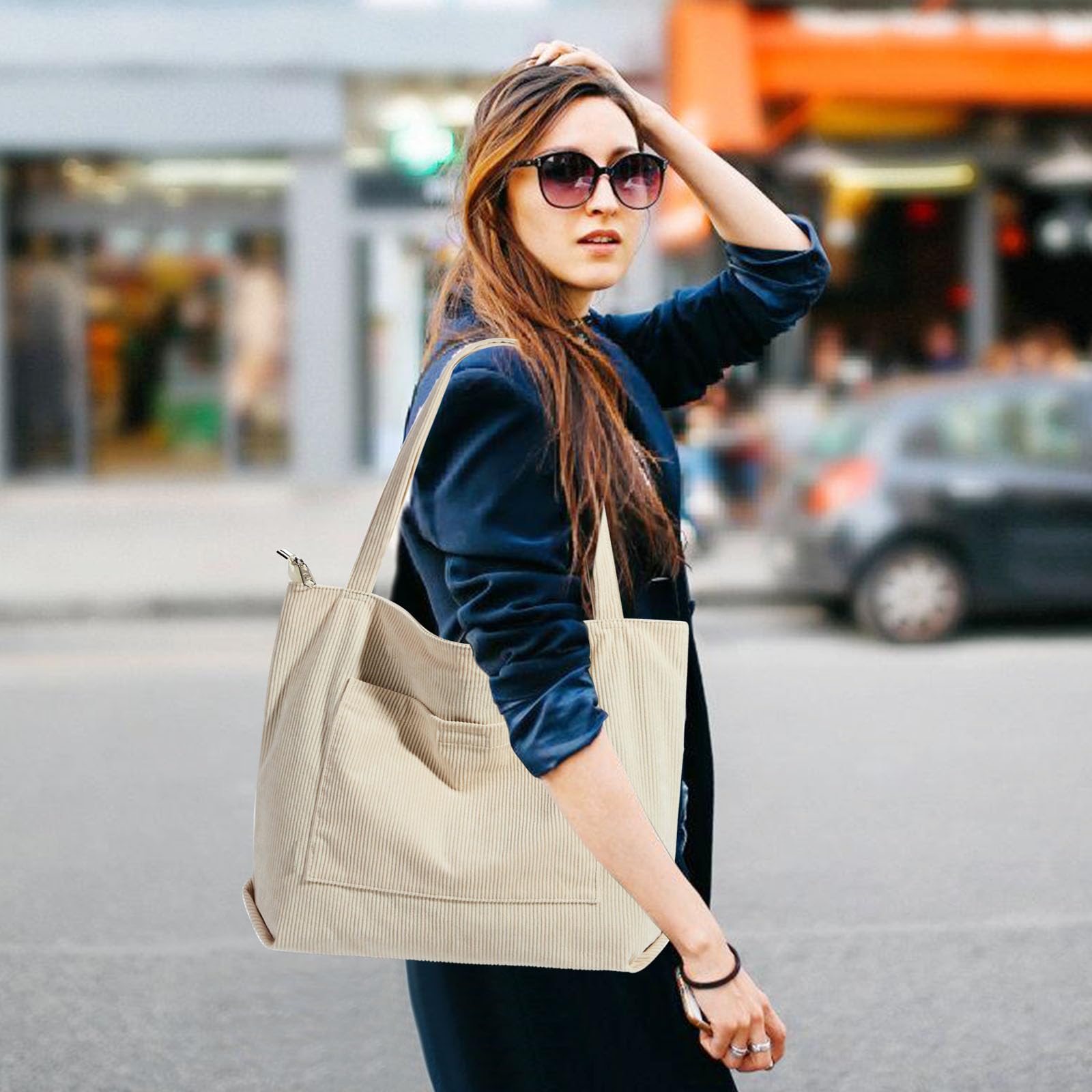 Tote Bag Sac Fourre Tout Femme Sac Cabas Femme en Velours Côtelé Sac Bandouliere Grand Sac a Main Femme Sac Cours Sacs de Courses Sac Tissu avec Fermeture Éclair et Poches