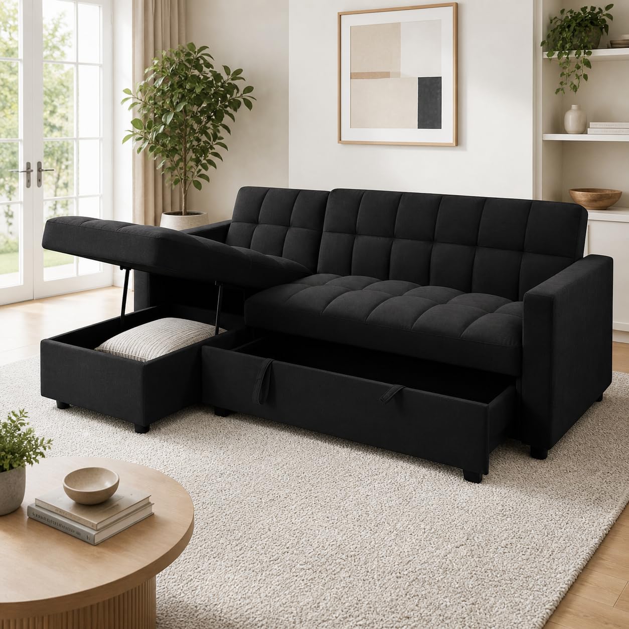 Sofá Cama Chaise Longue 3 Plazas Kris 210 x 145 cm, Cheslong Reversible con Arcón y Almacenamiento, Sistema de Arrastre, Tapizado Terciopelo Negro, Armazón Pino Macizo, Salón