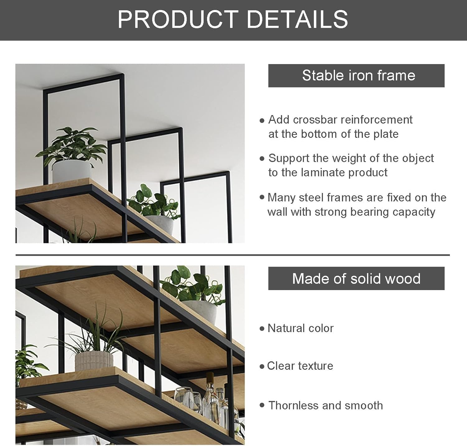 Ceiling Shelf - 2 Tier Ceiling Hanging Bottle Rack, Ceiling Mounted Solid Wood Storage Rack, Wall Mounted Wrought Iron Plant Holder, Restaurant/Bar/Kitchen Display Rack, Save Space
