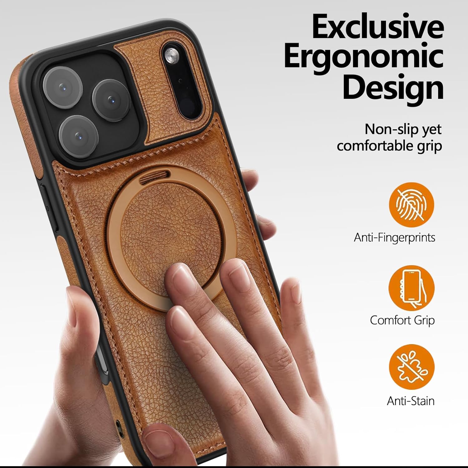 Magnetic Leather Case for iPhone 17 Pro Max with Built-in Invisible Magnetic Stand [Compatible with Wireless Charging] Luxury Slim Kickstand Protective Cover for iPhone 17 Pro Max (Brown) - Image 4