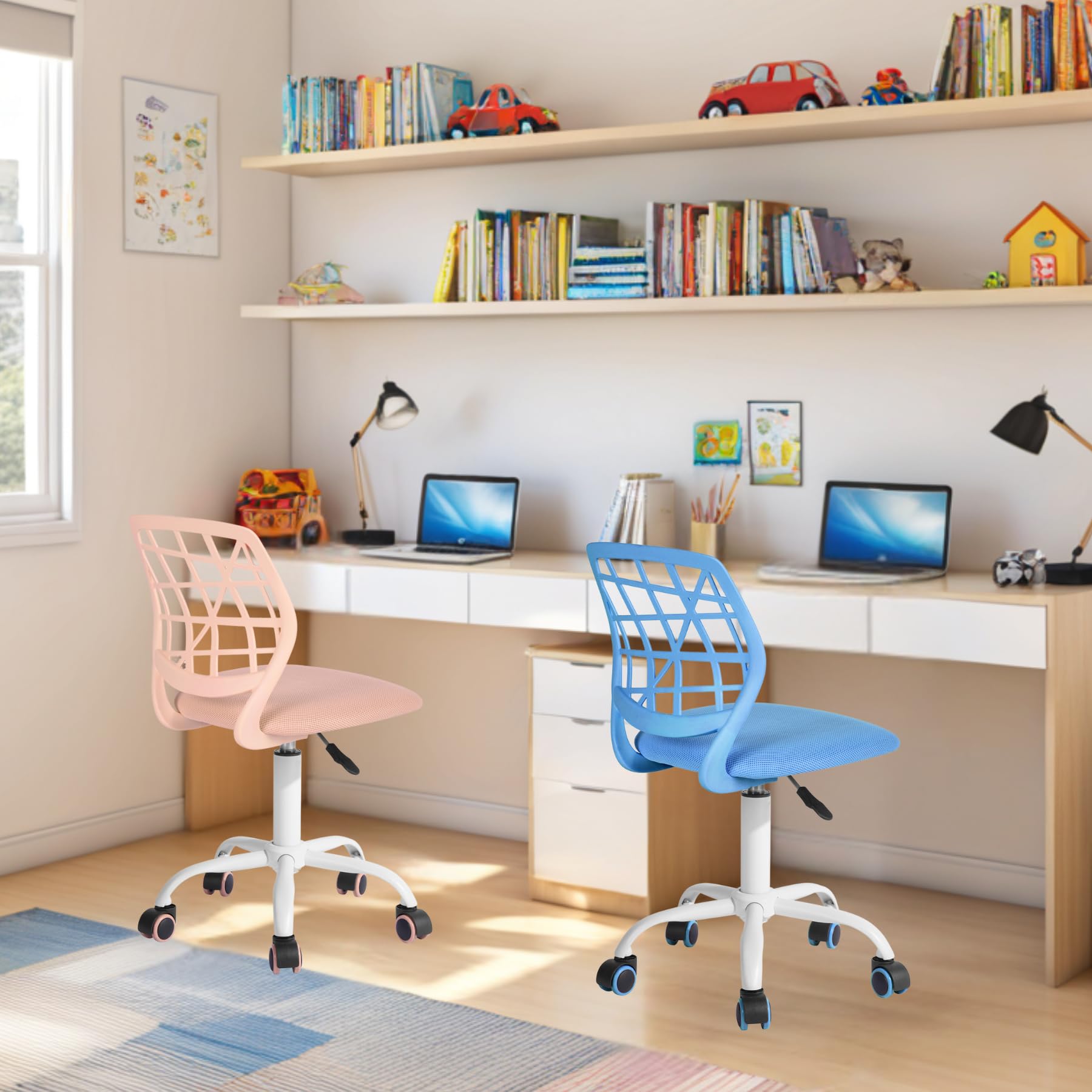FurnitureR Sedia da scrivania colorata, design moderno regolabile, sedia per computer, sedia girevole senza braccio, cameretta dei bambini, casa ufficio task chair, blu