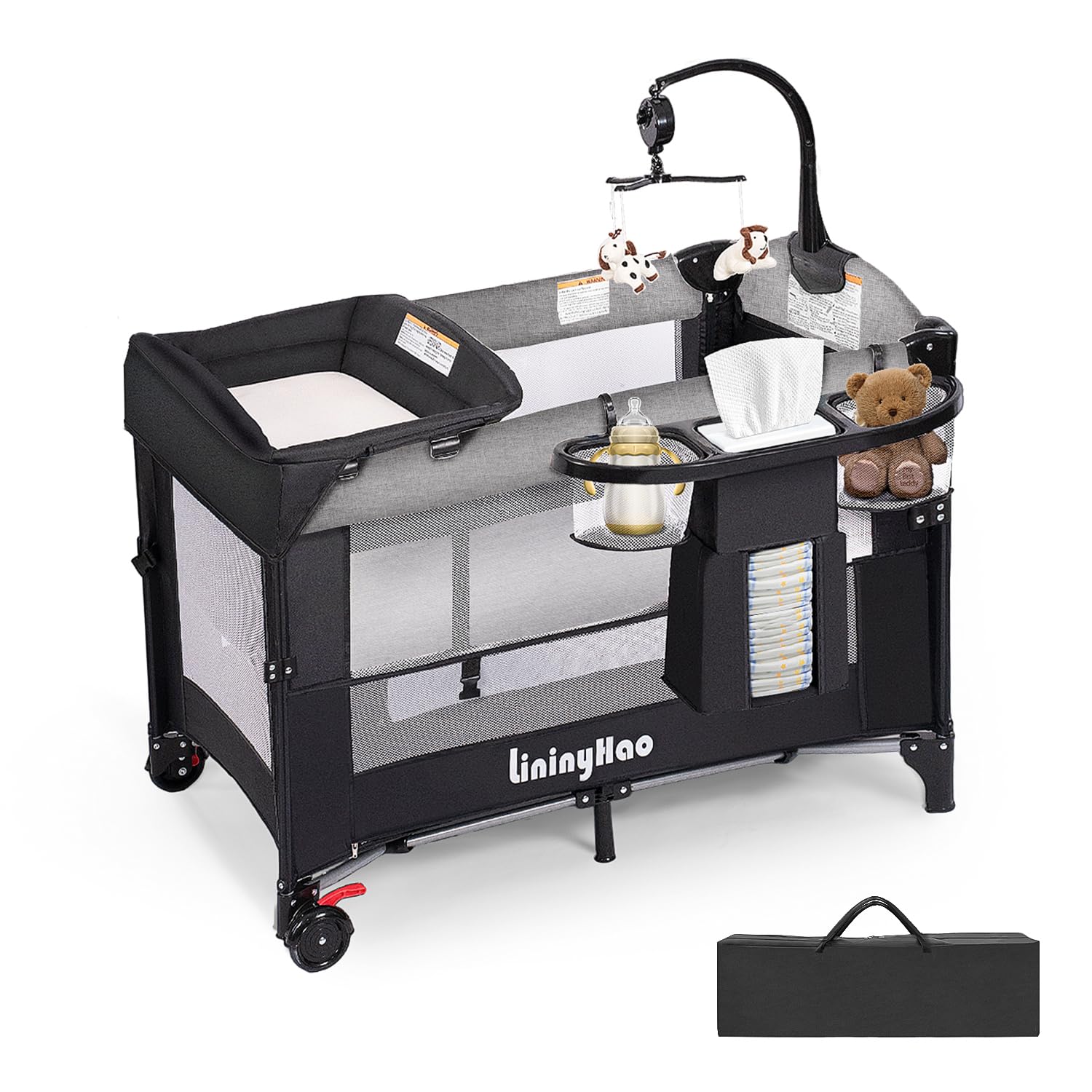 4 in 1 Height Adjustable Baby Playard, Foldable Nursery Center with Music Box Toy Rack, Side Storage, Changing Table, Large Portable Playpen for Newborns and Toddlers（Gray）