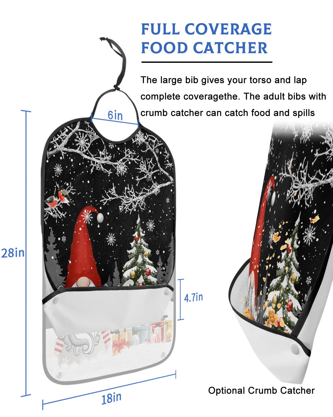 LEOKOTI Black Gnomes Christmas Adult Bibs for Eating, Waterproof Bibs with Food Catcher & Adjustable Snap Closure, Xmas Tree Birds Winter Snowflake Washable Clothing Protectors Adult Bibs for Elderly