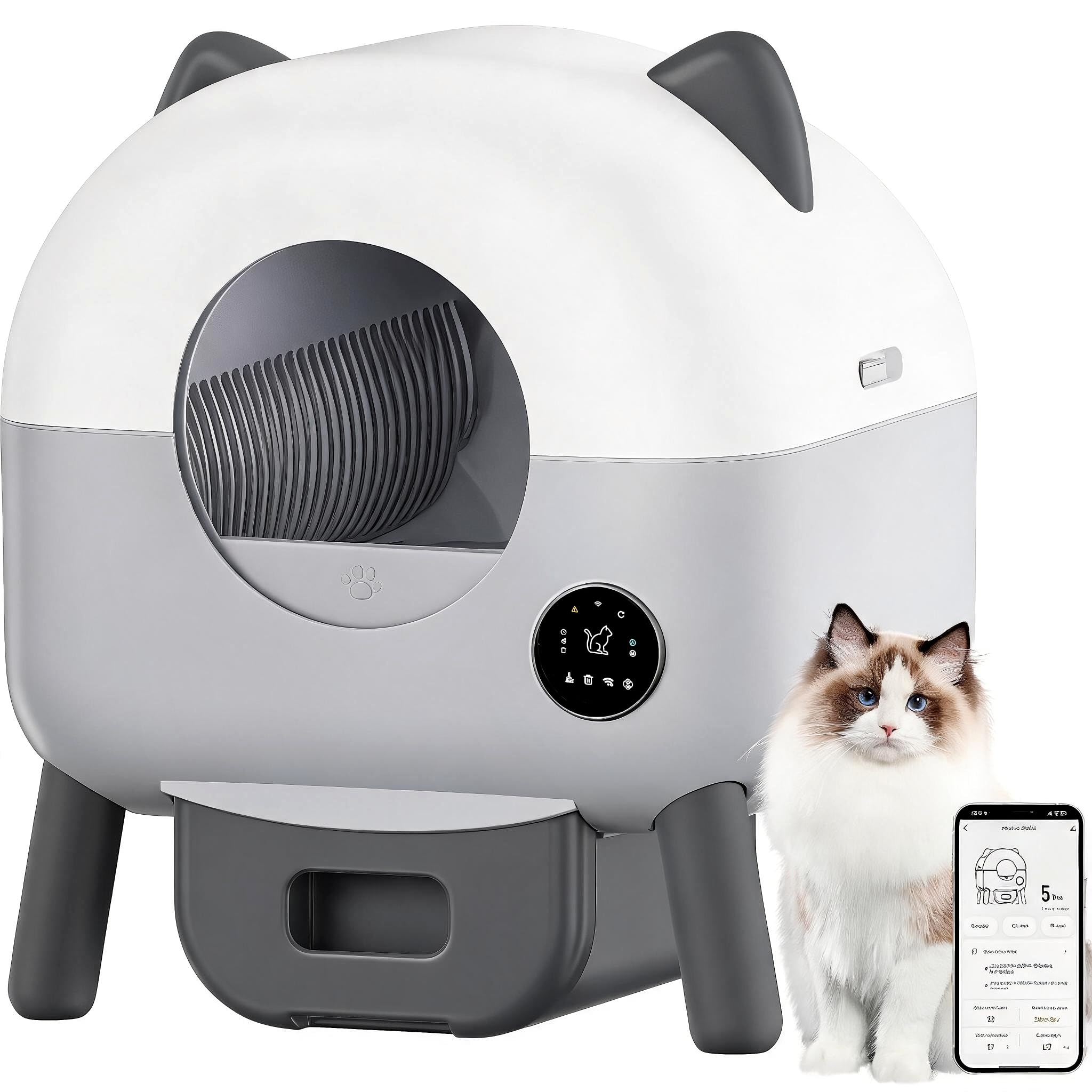 Lettiera per gatti autopulente, 89 l, autopulente, controllata tramite app, sensori di sicurezza, controllo degli odori, lettiera automatica per più gatti, luce notturna a LED, 1 rotolo di sacchetti