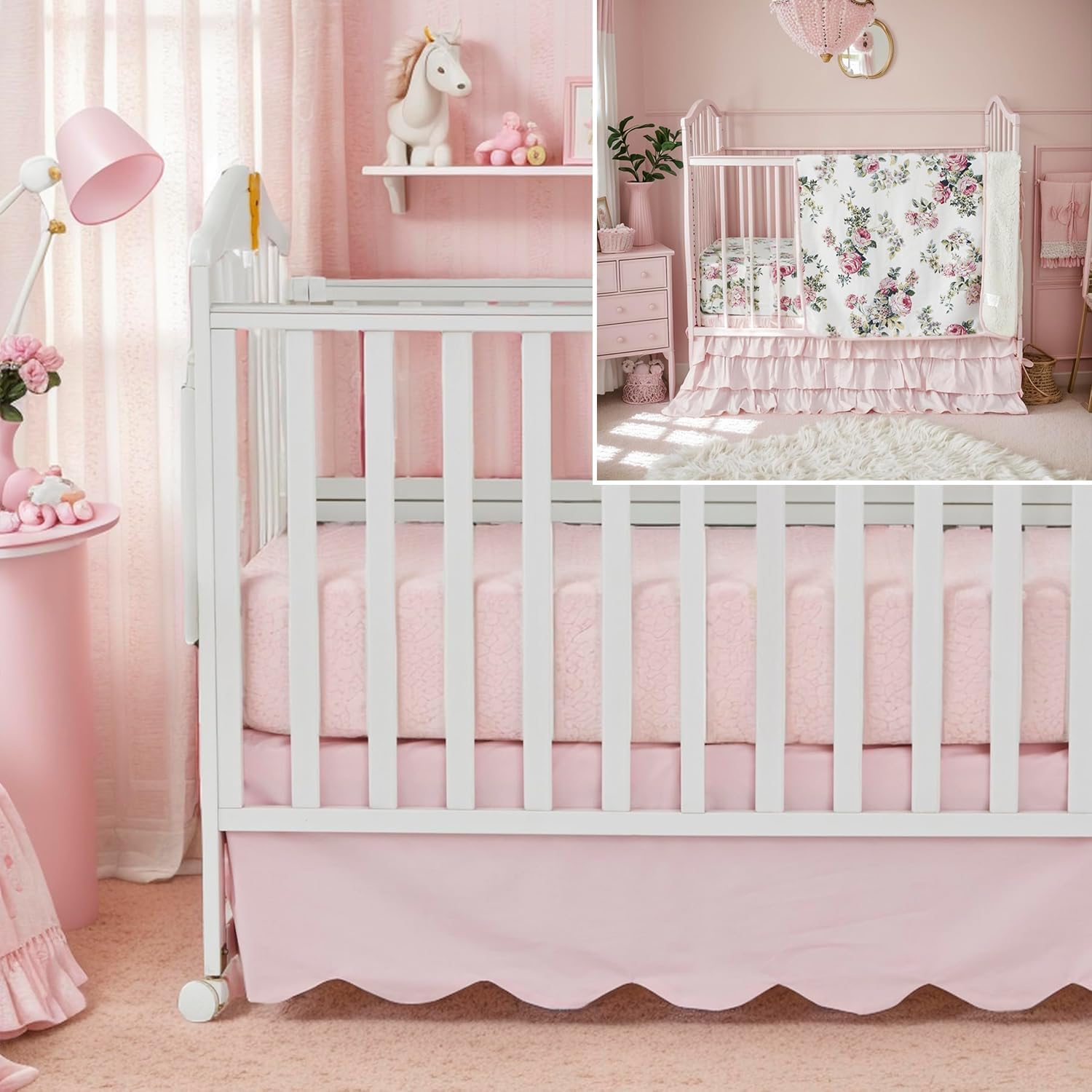 Brandream 4-Piece Crib Bed Skirt & Crib Bedding Set 100% Cotton Scallop Edge Crib Skirt 3 Pieces Floral Botanical Rose Flower Crib Bedding Set