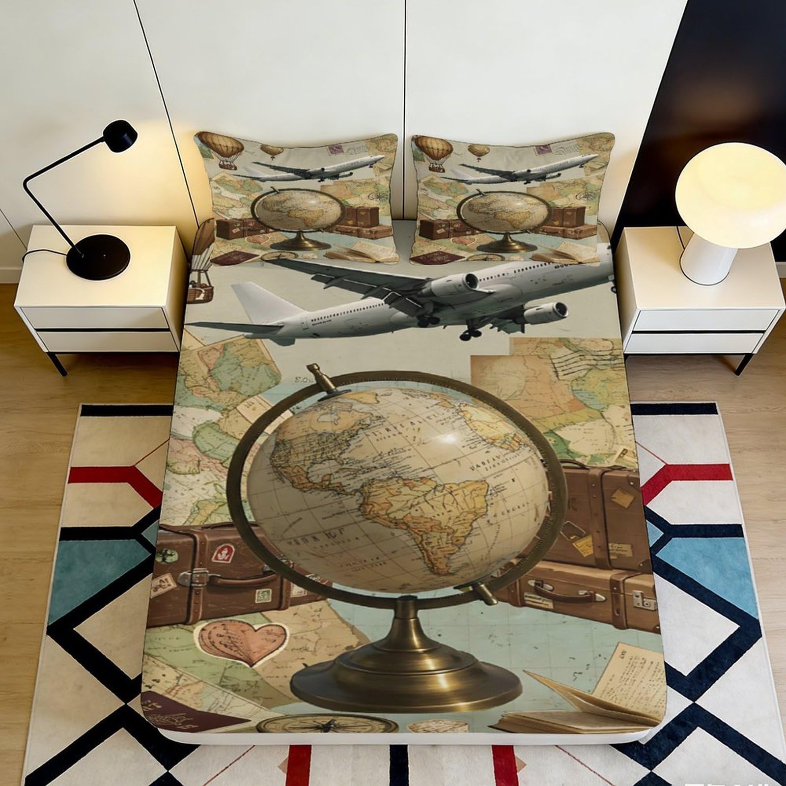3D Printed Vintage World Map Fitted Sheet Microfiber Soft Travel Plane Bed Cover for Bedroom Guest Room Decor 90x200x25cm