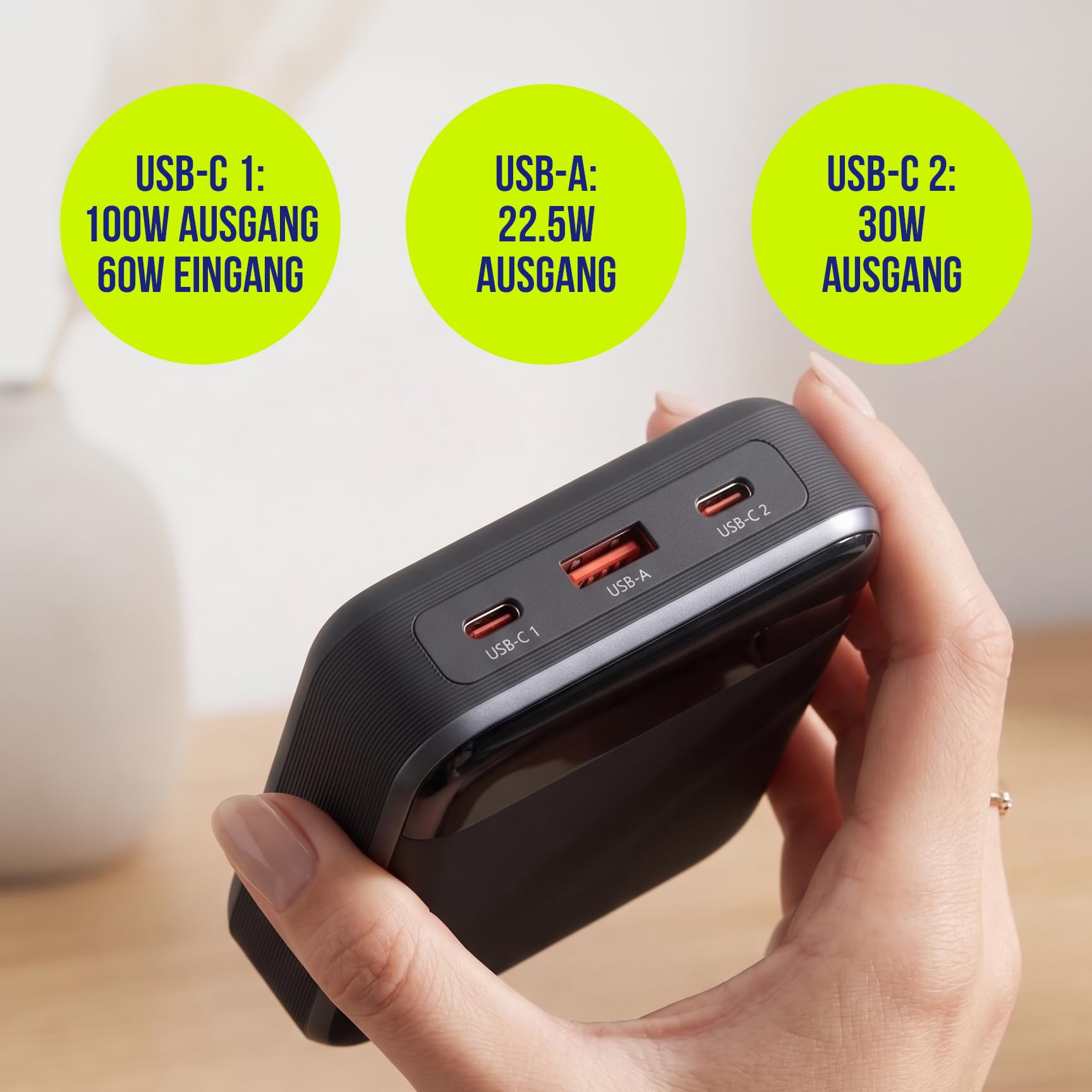 Powerbank 19200 mAh 130 W – Chargeur Rapide USB-C PD & QC pour Ordinateur Portable, téléphone Portable et Tablette – Boîtier en Aluminium, écran LCD, Compact, câble 100 W Inclus – Gris