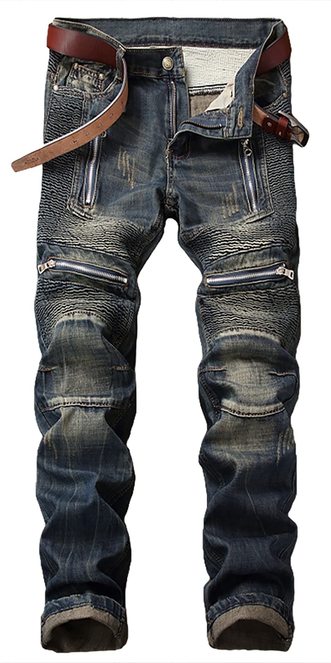 EnricaMen's Runway Ripped Distressed Skinny Moto Biker Jeans
