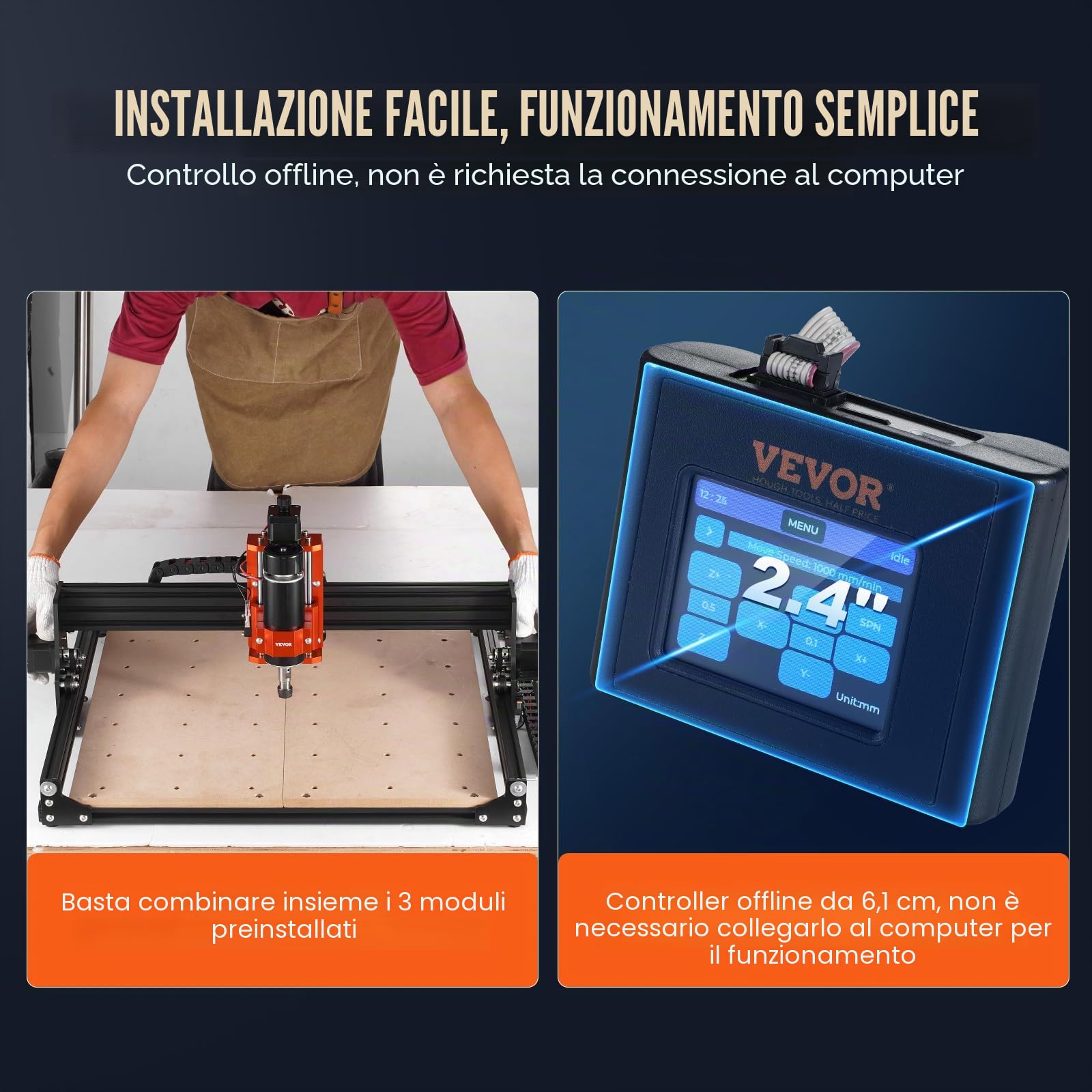 VEVOR CNC Router Macchina, 300 W, 3 Assi GRBL Controllo Kit per Fresatura e Incisione su Legno, 400 x 400 x 60 mm Area di Lavoro 1200 giri/min, Router Macchina per Legno Acrilico Schiuma Plastica