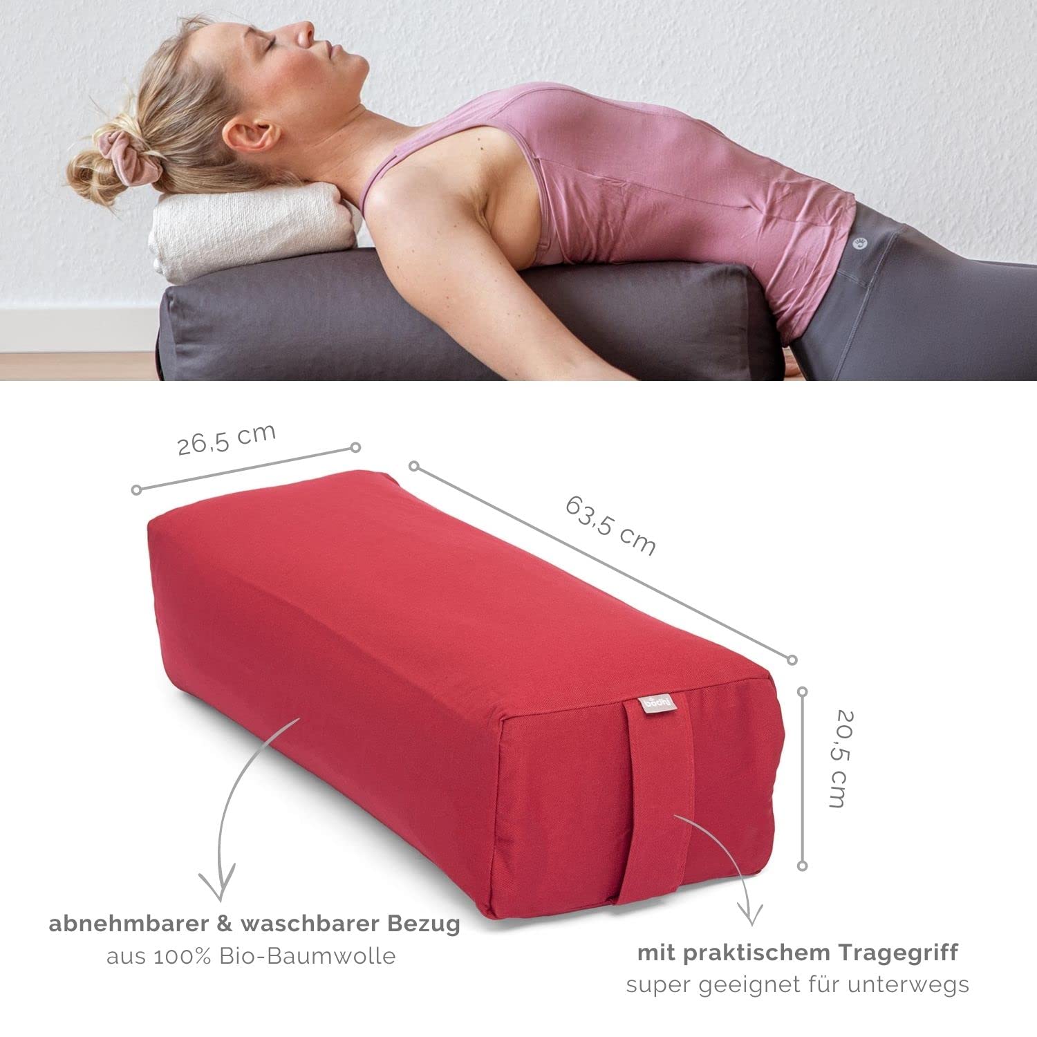 Bodhi Yoga Salamba Bolster Eco | Funda lavable de algodón 100% orgánico | Rollo de yoga rectangular con relleno de espelta orgánica | Cojín de yoga grande | Tamaño 63 x 26 x 20 cm (burdeos)