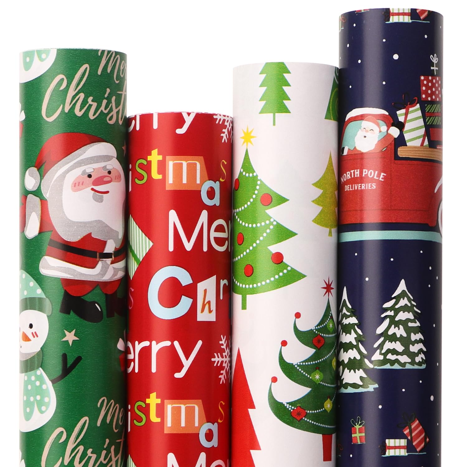 Ribbli Papel de regalo de Navidad de 30 pulgadas, 4 rollos de Feliz Navidad, Papá Noel, muñeco de nieve, árbol de Navidad, surtido de 30 pulgadas x 10 pies por rollo