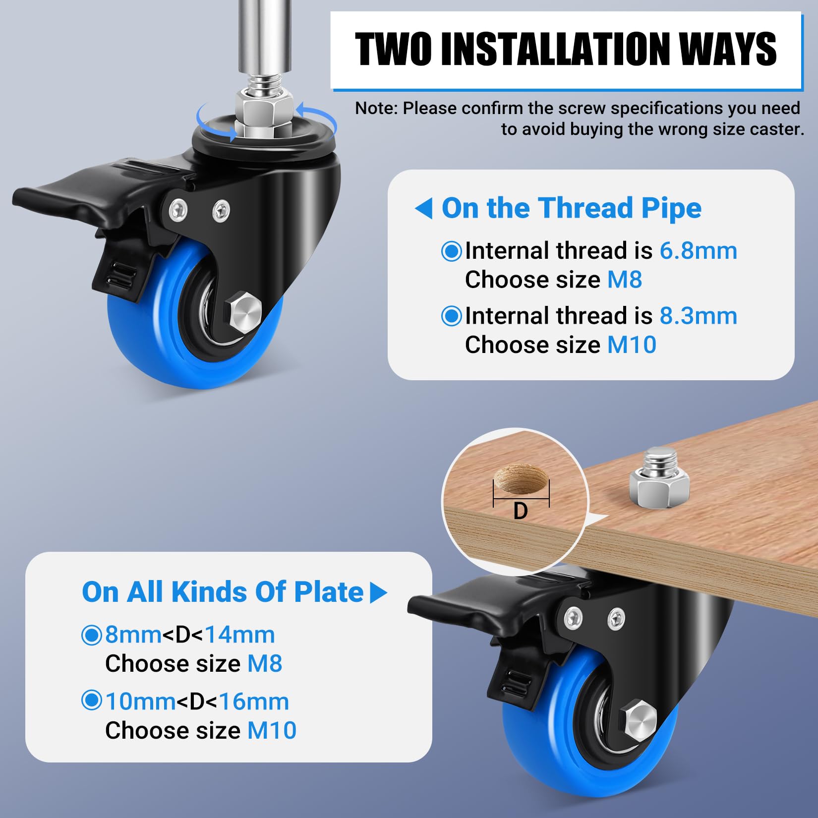 Ruedas para Muebles Pesados 50mm con Vástago Roscado M8 x 1,25x 25mm, Giratorias Carga 270KG, 360° Pivotantes con Freno, Juego de 4