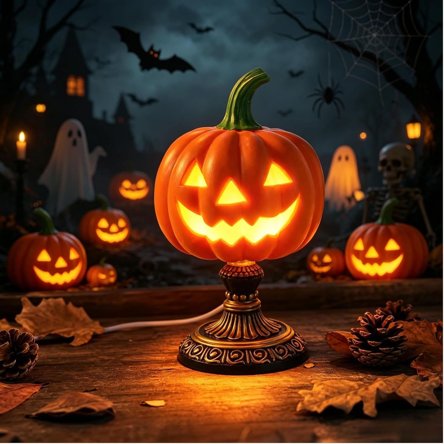 Stained Glass Halloween Pumpkin Table Lamp, Jack-O-Lantern Night Light, Vintage Style, USB Powered, Witch Hat Table Lamp Desktop Decorative Ornament Gothic Decor (Pumpkin-1)