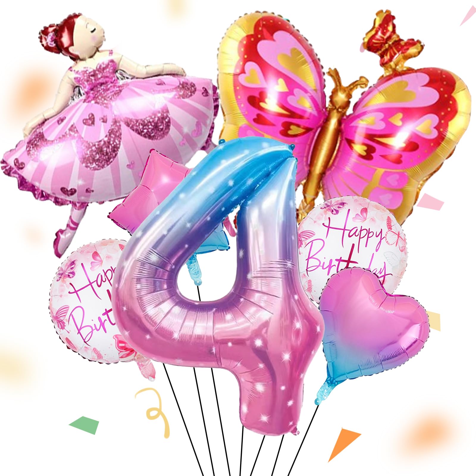 ALEGRE® Ballerina 4 Years Birthday Decoration Girls, 7 Pieces Ballerina Butterflies Happy Birthday Decoration, Numbers 4 Foil Balloon, 4th Birthday Decoration Balloons for Baby Shower, Wedding,
