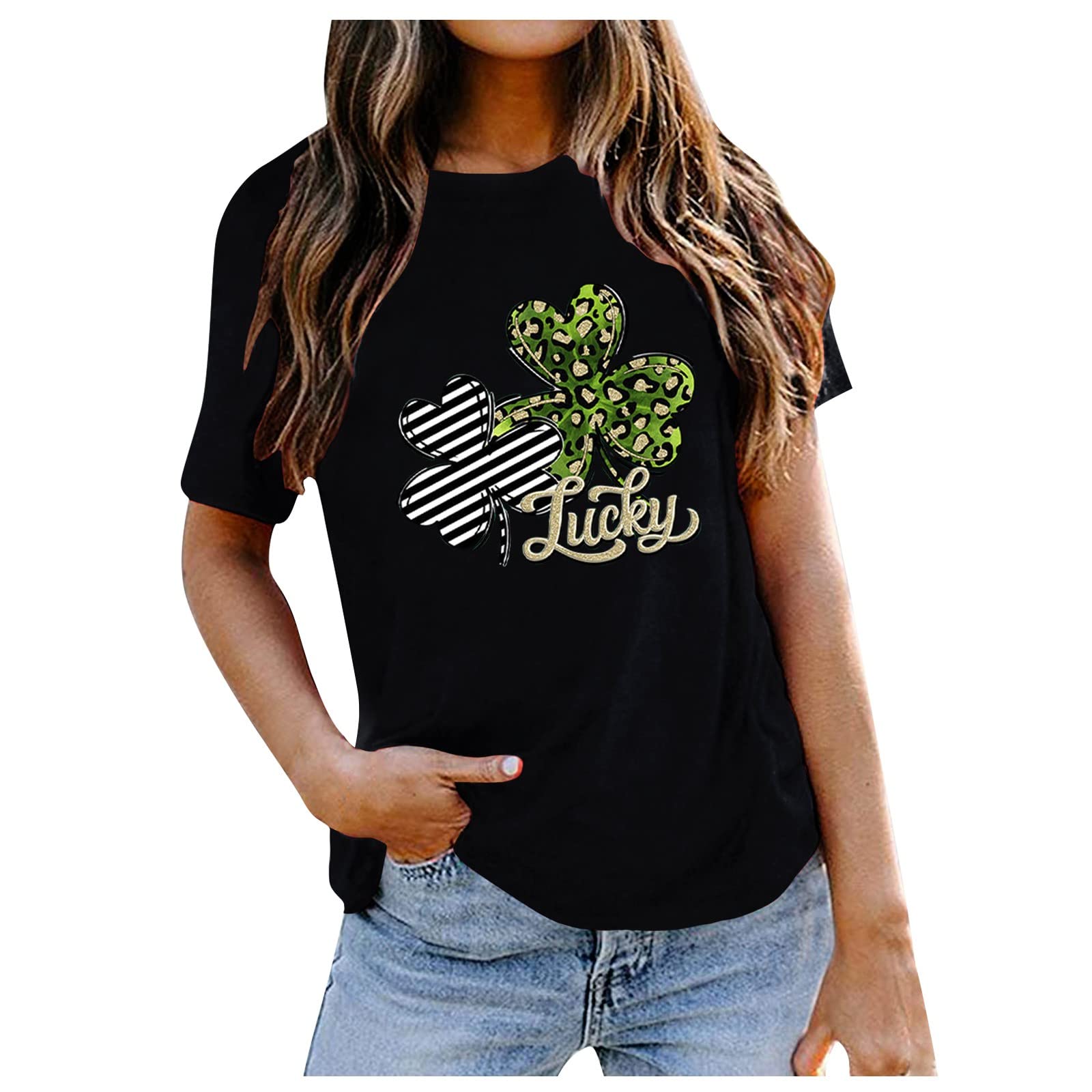 Summer Blouse for Women Ribbed Women's Casual Fashion St. Patrick's Day Print O-Neck Pullover Top Generic