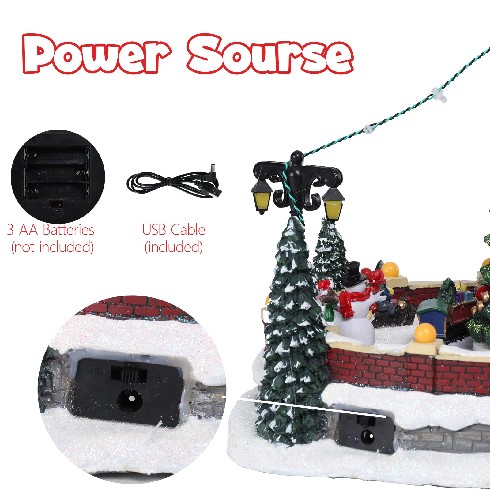 MUMTOP Village de Noël carré avec train mobile, train rotatif lumineux avec musique pour décoration de table de Noël en intérieur