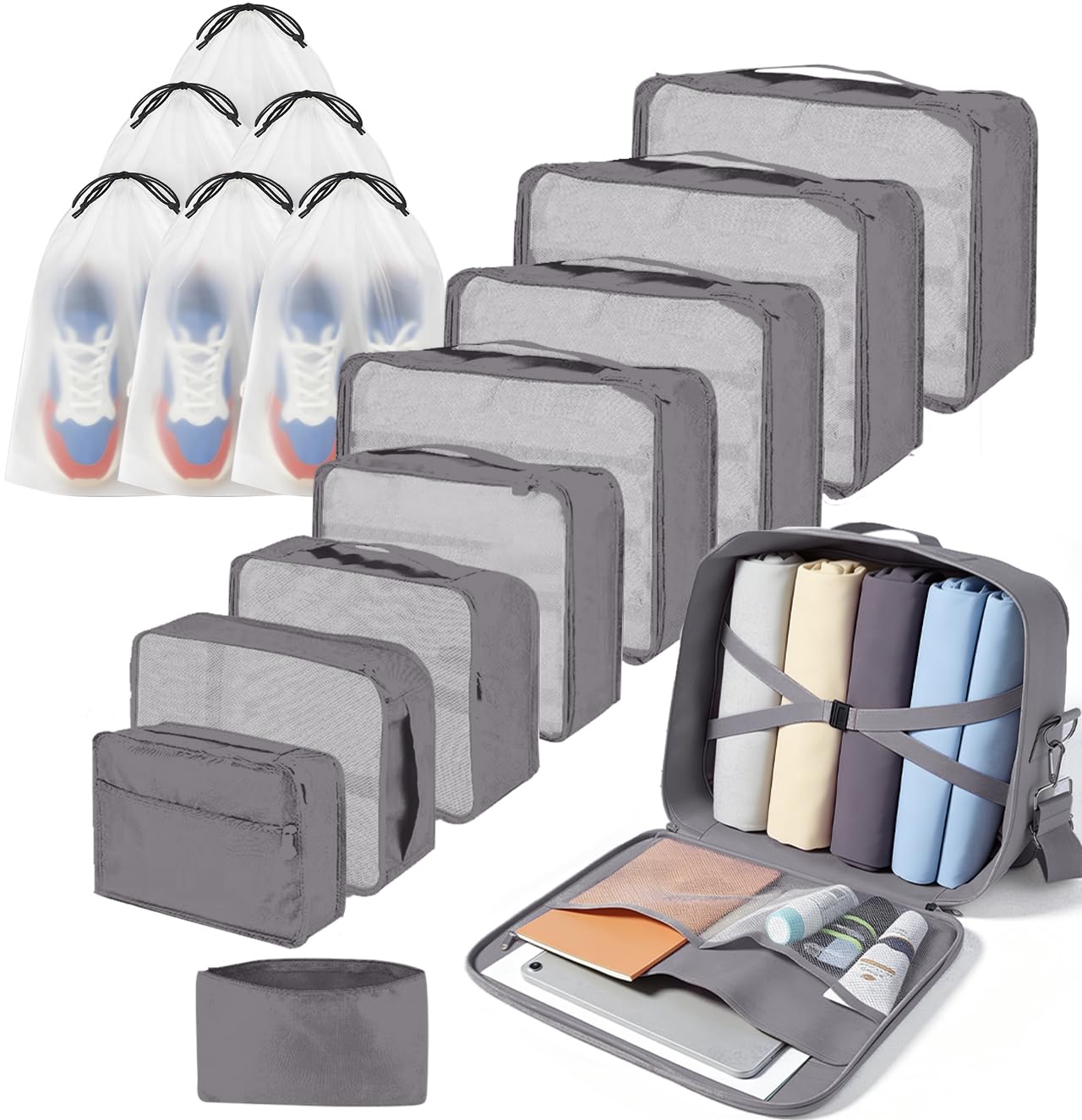 Packing Cubes - Organizer per valigie, 16 pezzi, grandi borse per bagagli, viaggi in famiglia, conservazione a casa (16, grigio chiaro)