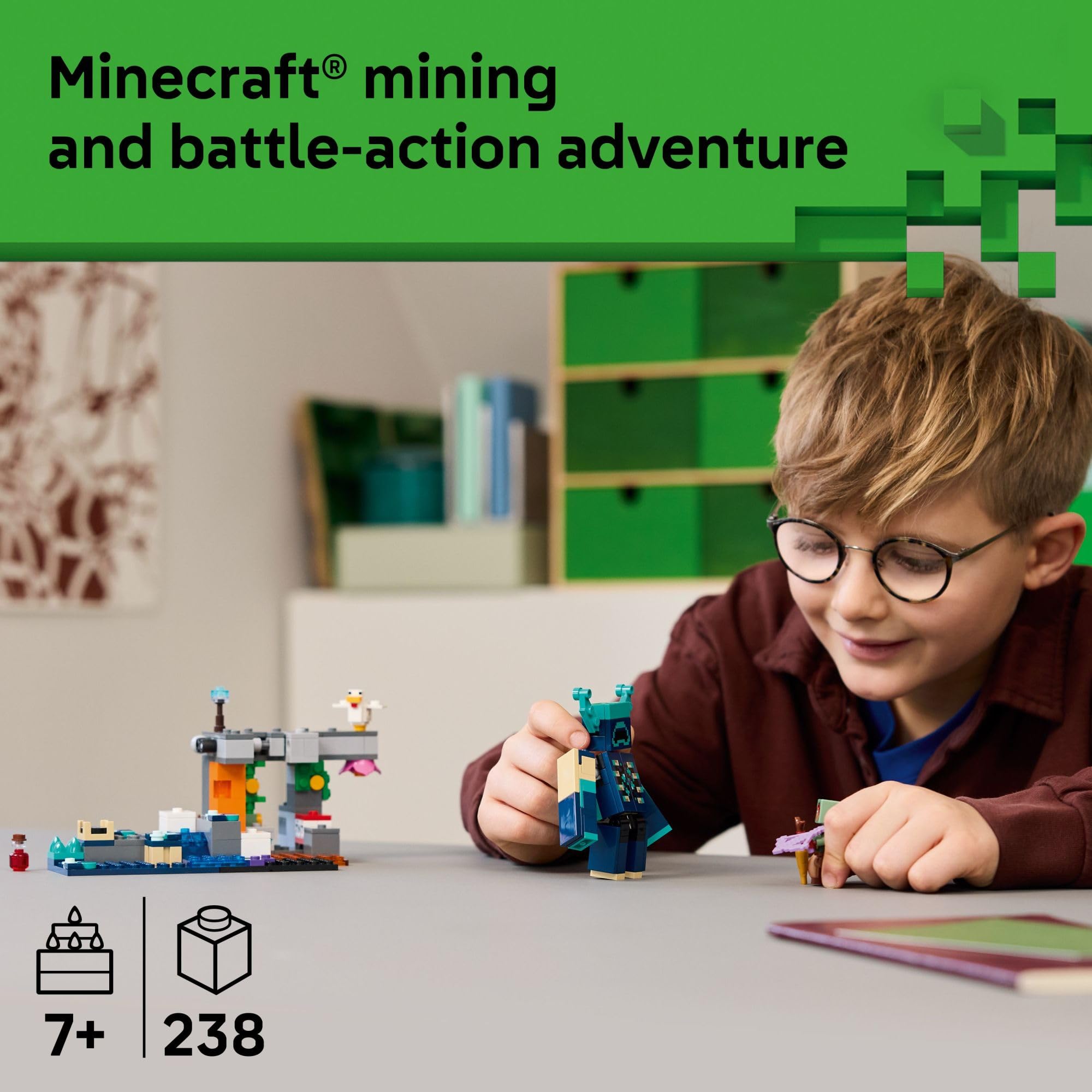 Close-up of the buildable LEGO Minecraft Warden figure, highlighting its posable limbs and detailed texture.