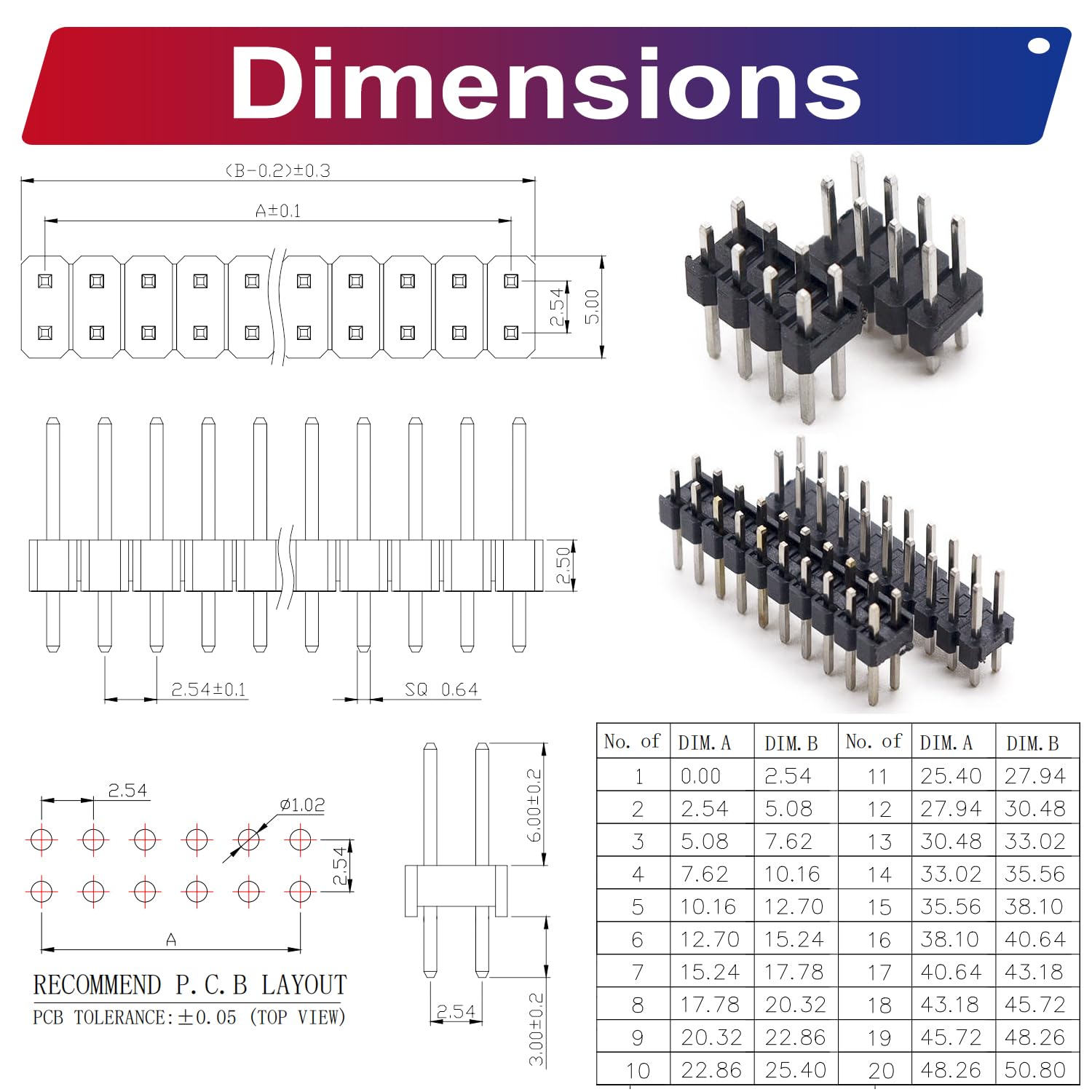 Amazon.com: Yoeruyo 2.54mm Male Pin Header Dual Row DIP Connector