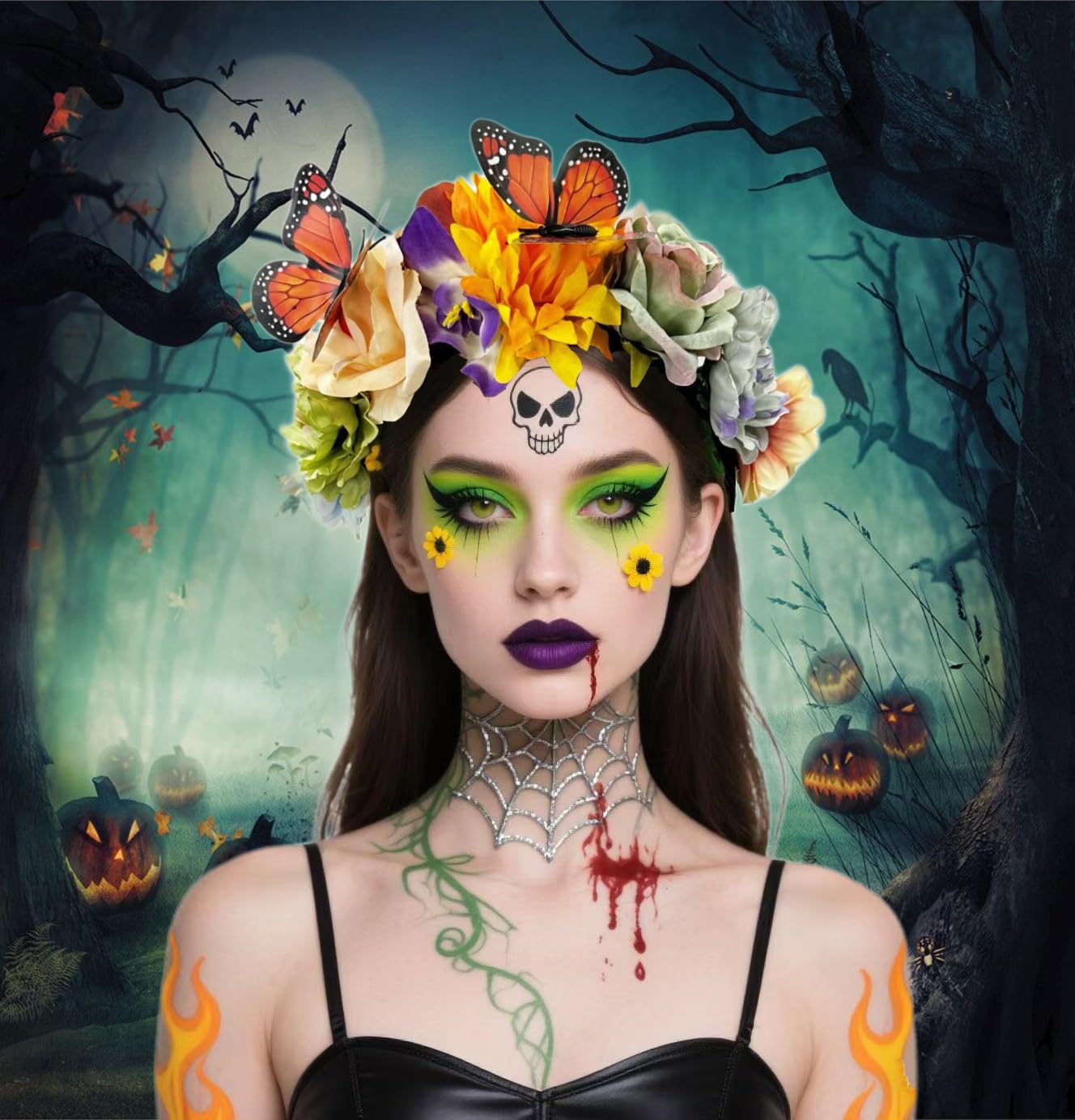 Butterfly Flower Headband Mexican Rose Crown Hair Accessories For Women Bridal Wedding Party Headdress Decoration (Yellow Green, One size) - Image 5