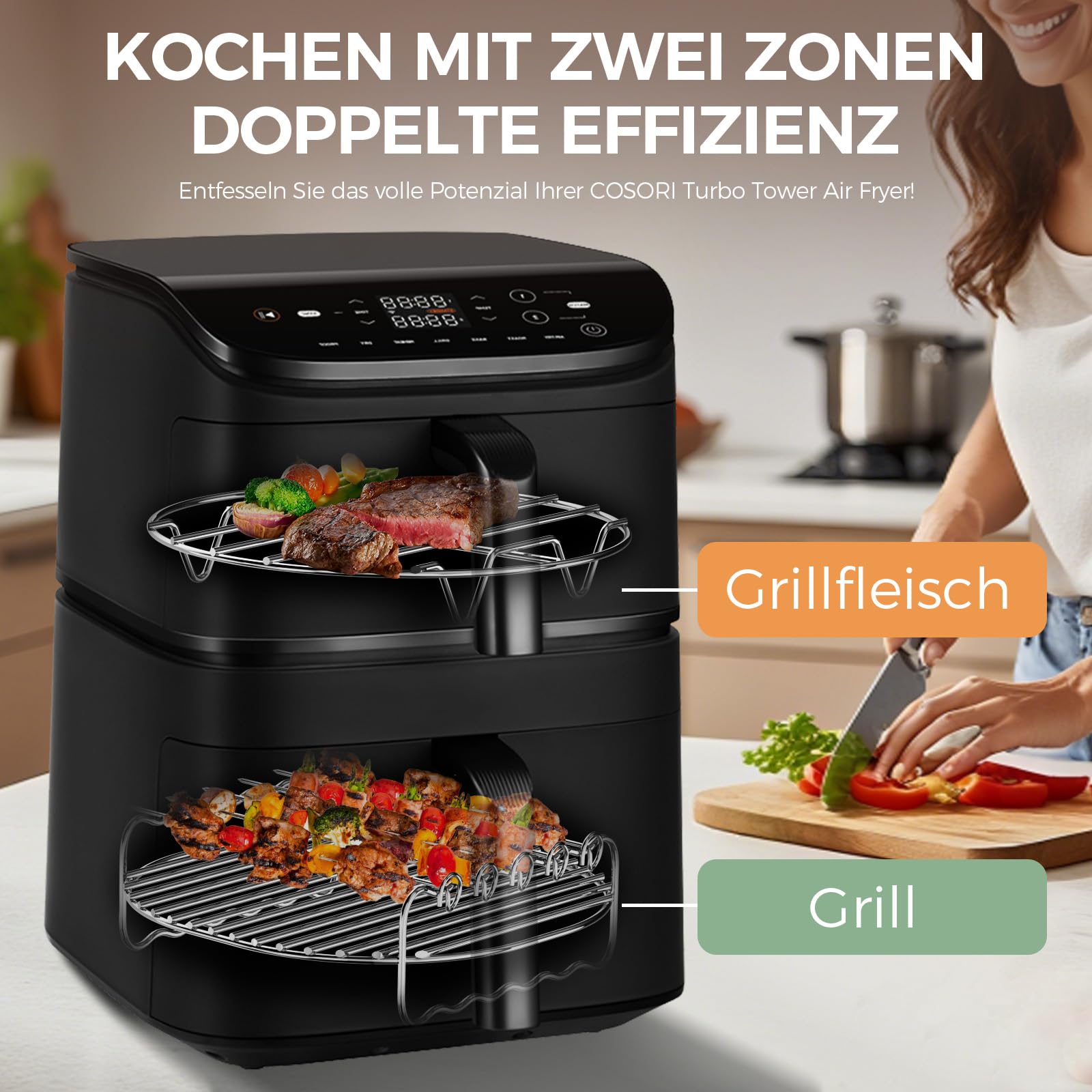 17-Teiliges Heißluftfritteuse Zubehör für COSORI Turbo Tower Pro Smart 10,8L Double Stack Airfryer,BPA-frei Airfryer Silikonform Zubehör für COSORI Turbo Tower 6,5L/4,3L Air Fryer Silikon Einsatz