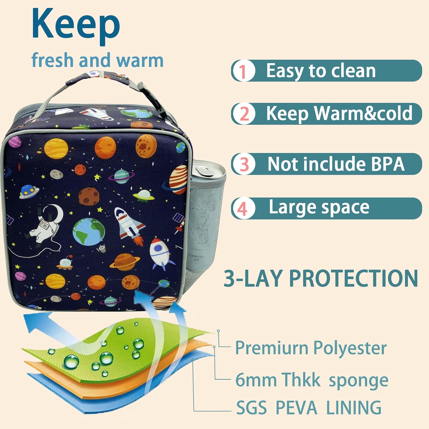 Kulle Astronaut Lunch Box for Boys, Insulated Kids Lunch Bag with Freezable Compartment, Thermal Reusable Lunchbox for School, Outdoor, Daycare - Space Theme Design - Image 3