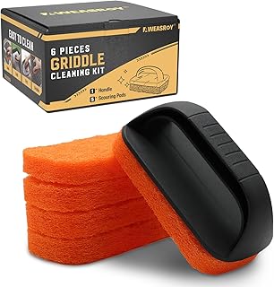 6-Piece Griddle Cleaning Kit for Blackstone, Flat Top Grill Cleaning Kit Non-Scratch Scouring Pads for Kitchen - 5 Scrubber Pads and 1 Handle