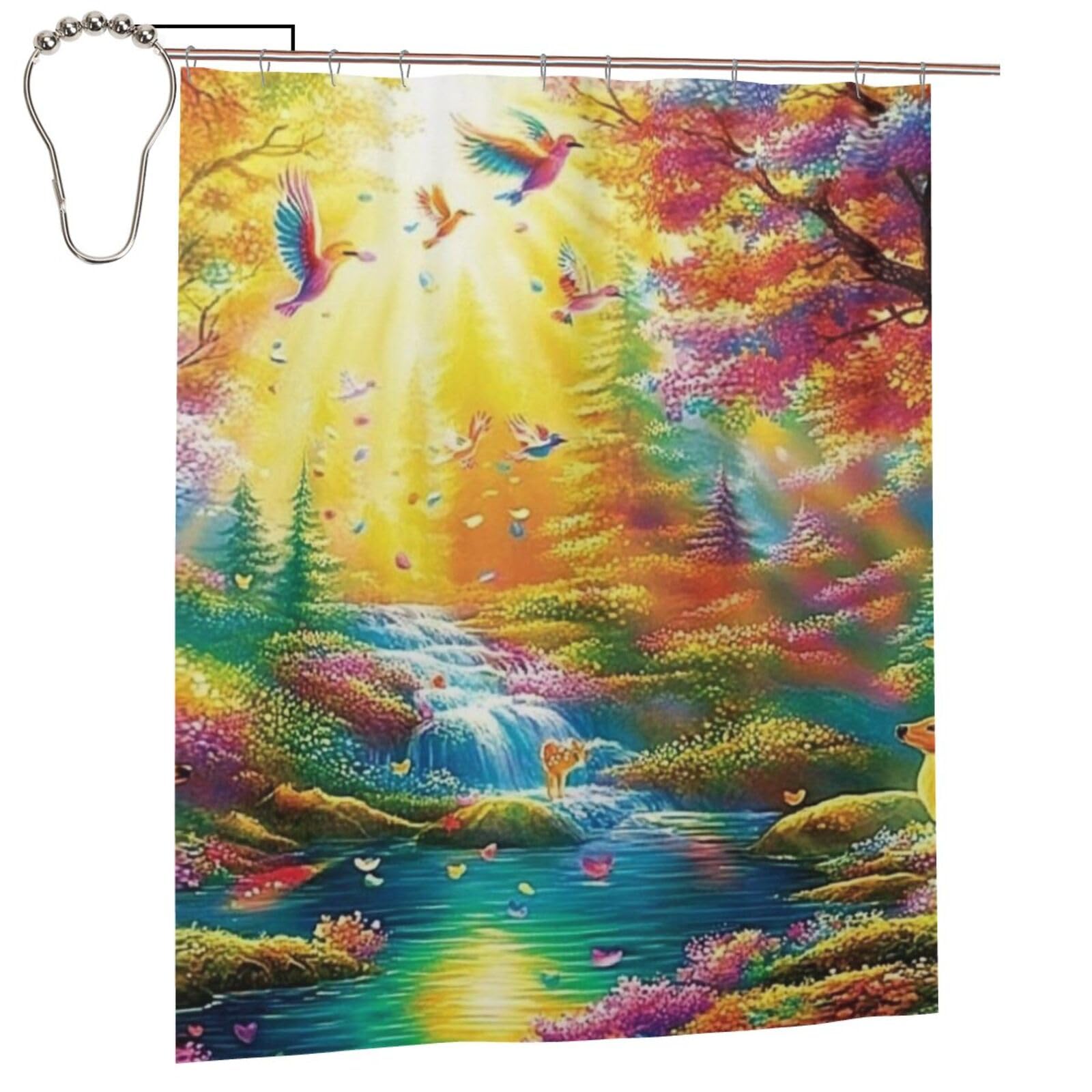 Riverside - Cortina de ducha con estampado de flores y pájaros de 60 x 72 pulgadas, cortina de ducha de tela de poliéster impermeable, decoración de bañera con 12 ganchos, secado rápido, lavable