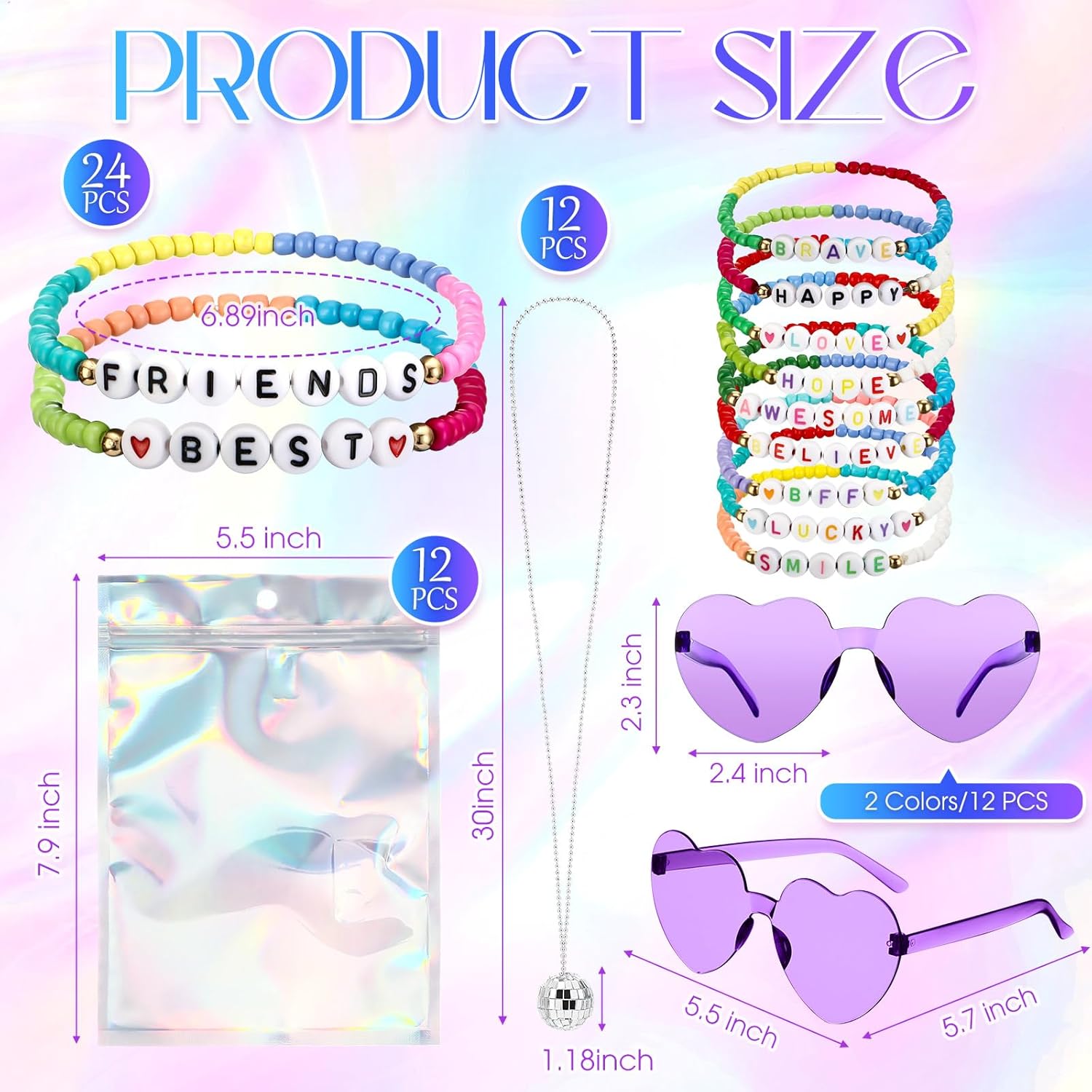 Landical 60 Pcs Valentines Day Gifts Kpop Party Favors 12 Sets Music Sets with Friendship Bracelets Disco Ball Necklace Heart Sunglasses Gift Bag Exchange Gift(Rose Red, Purple) - Image 2