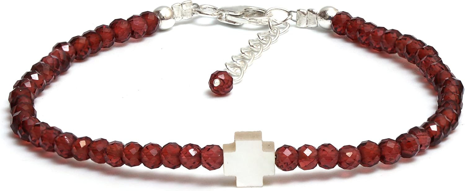 Natural Gemstone Beaded Cross Bracelet, Pearl Bracelet, Dainty Faith Bracelets, Everyday Elegance, Gift for Mom Daughter Sister, 6.5+1 Inch 925 Silver Adjustable Chain