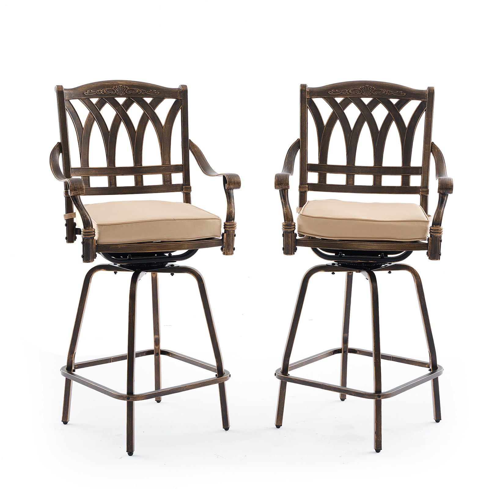 Attliasalon Cast Aluminium 2 Piece Outdoor Swivel Bar Stools, All-Weather Patio Bar Height Stools, Outdoor Bar Chairs with Cushions for Balcony,