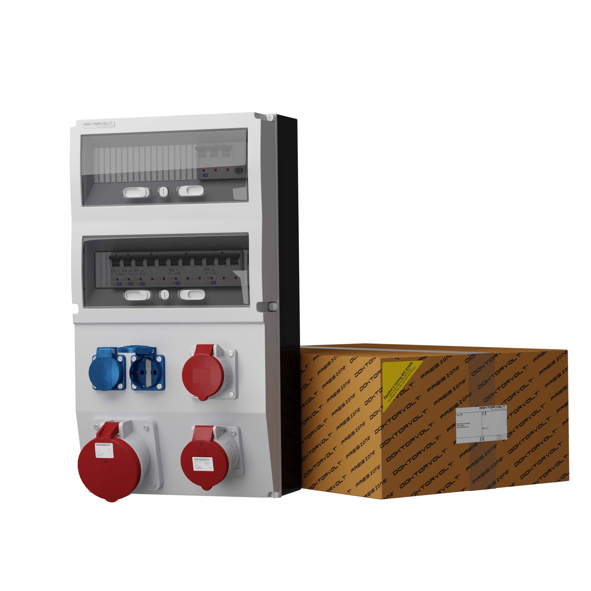 Doktorvolt Baustromverteiler, Stromverteiler eXT-S/FI 63A 32A 16A 2x230V Schuko System Mennekes, Ausgestattet mit 2x 230V 16A Steckdosen, 1x 400V 63A, 1x 32A 400V, 1x 400V 16A Leitungschutzschalter