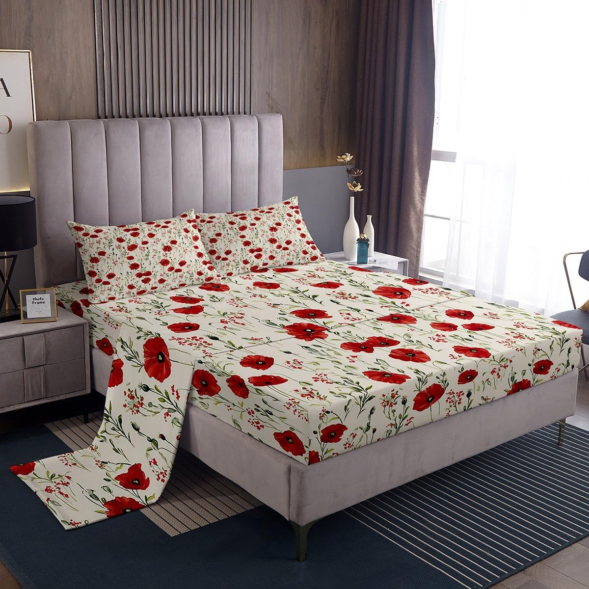 Blue Tree Branches Pattern Sheet Set Twin Size Kids Leaf Branches Sheets with Deep Pocket Fitted Teens Fallen Leaves Bed Set Breathable Soft Lightweight Microfiber Botanical Room Decor Mattress Cover