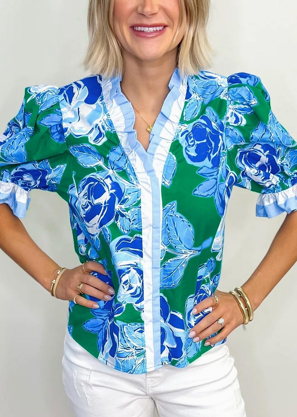 Womens Ruffle Trim Floral Blouse Short Puff Sleeve V Neck Button Down Shirts Top - Image 3