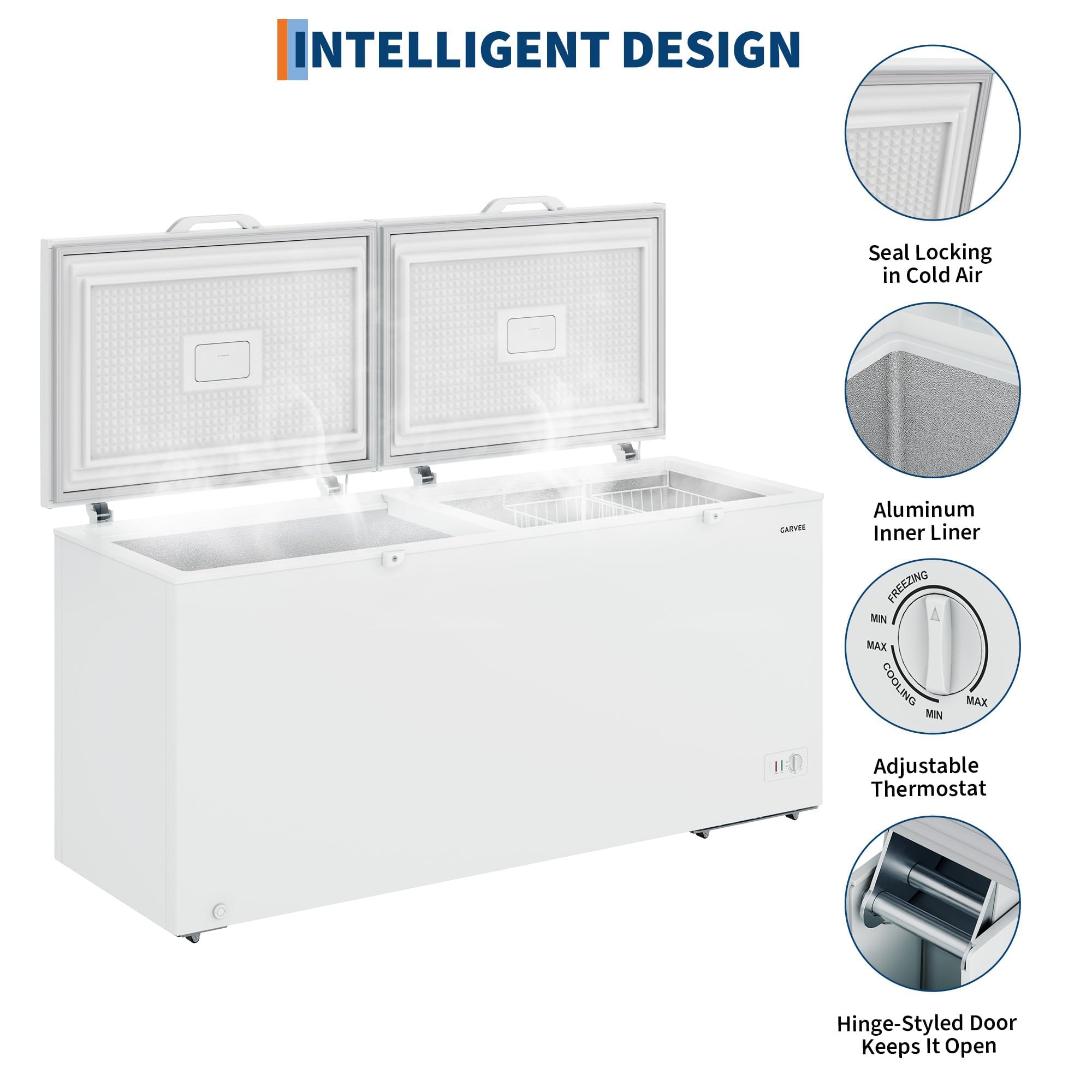 25 Cu. ft. Garage Ready White Convertible Chest/Deep Freezer with Adjustable Thermostat, Double Door Lid, 2 Removable Baskets, 6 Swivel Casters, Chest Freezer for Large Family Storage on Fridge.com