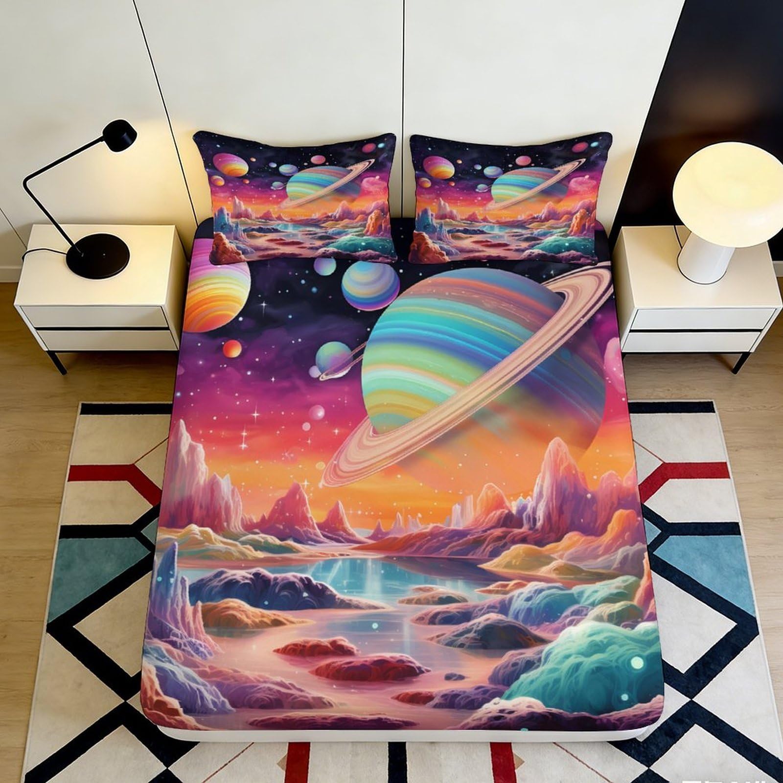 3D Printed Saturn Planet Fitted Sheet Microfiber Soft Colorful Cosmic Landscape Mattress Cover for Bedroom Decor 200x200x25cm