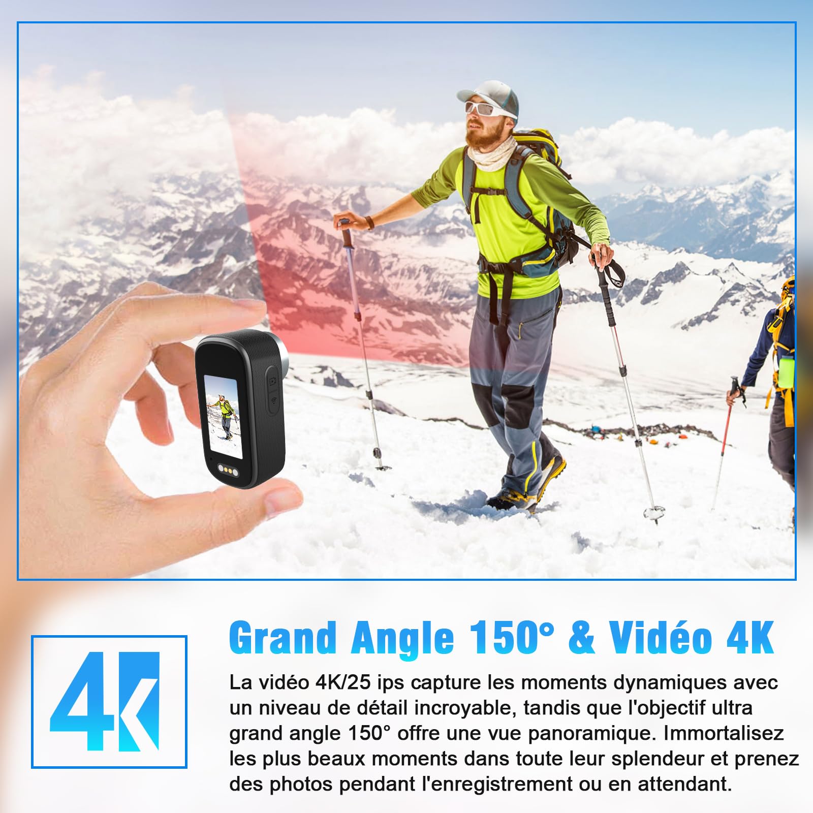 Caméra d'action WiFi 4K Étanche 150° Sportive avec Écran 1.3 Pouce et Batterie 3 Heures - Noir